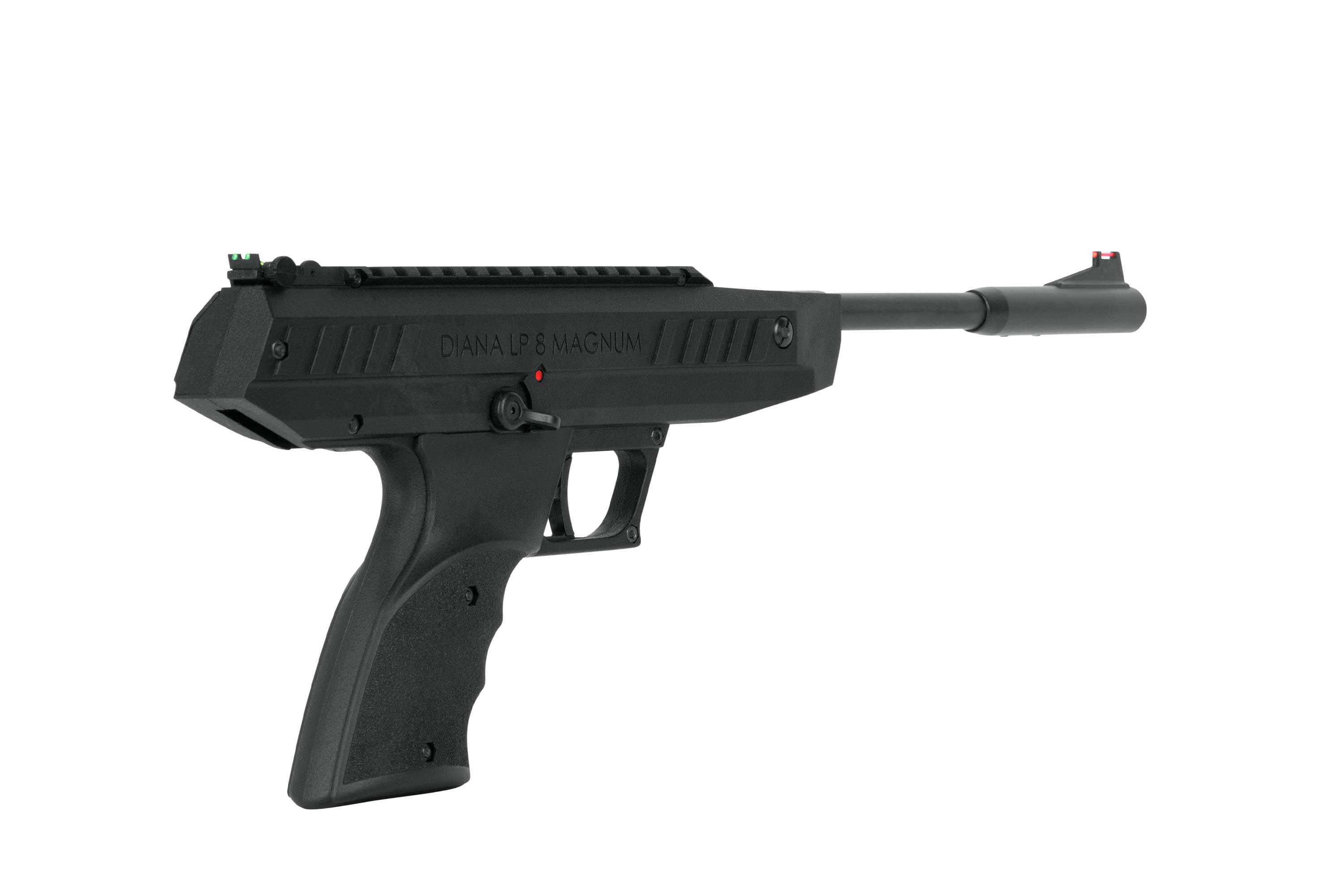 Schwarze Luftpistole Diana LP 8 Magnum mit strukturiertem Griff, integrierter Schiene und Glasfaservisierung auf weißem Hintergrund.