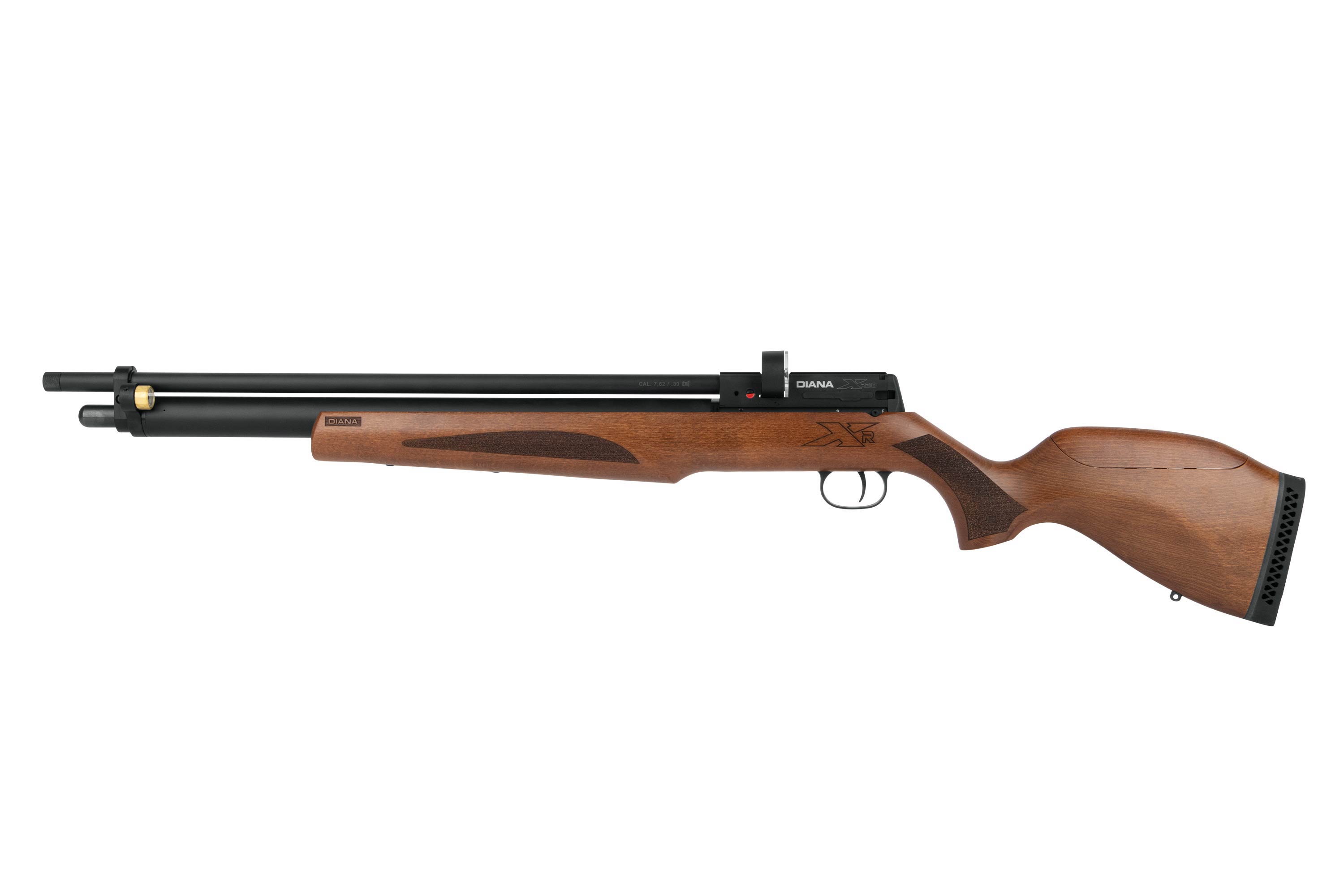 Diana Outlaw PCP-Luftgewehr mit Holzschaft, schwarzem Metalllauf und strukturiertem Griff, isoliert auf weißem Hintergrund.