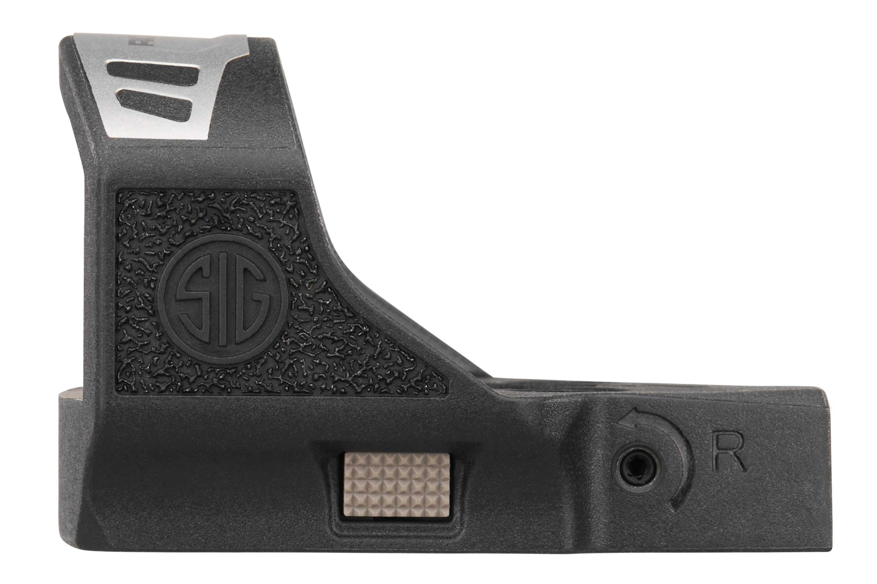 Seitenprofil eines schwarzen Sig Sauer Romeo-X-Reflexvisiers mit strukturiertem Griffbereich und Seitenverstellschraube.