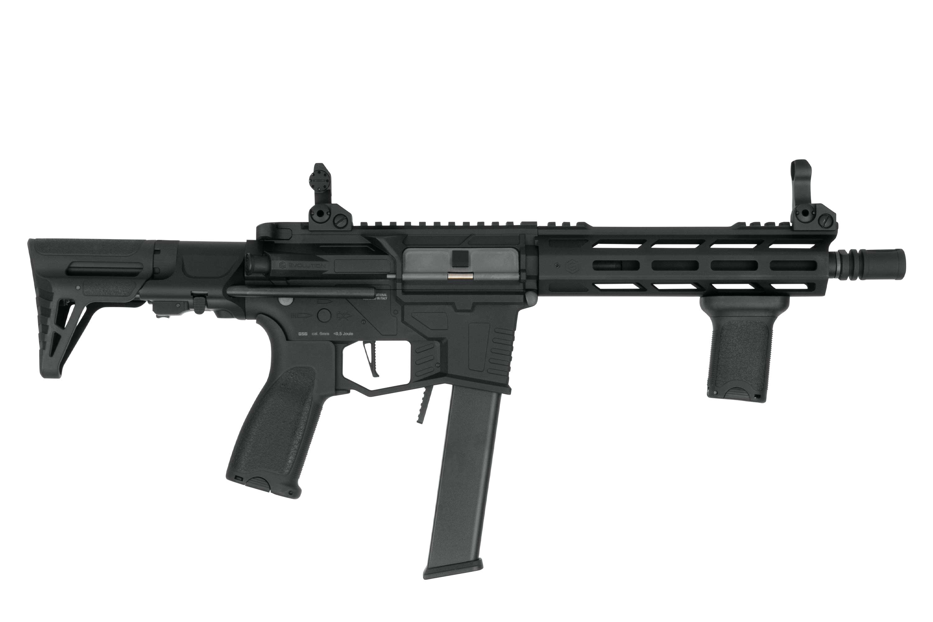 Black Evolution Airsoft Mod Reaper-Gewehr mit modularem M-LOK-Handschutz, vertikalem Vordergriff und Eisenvisier.