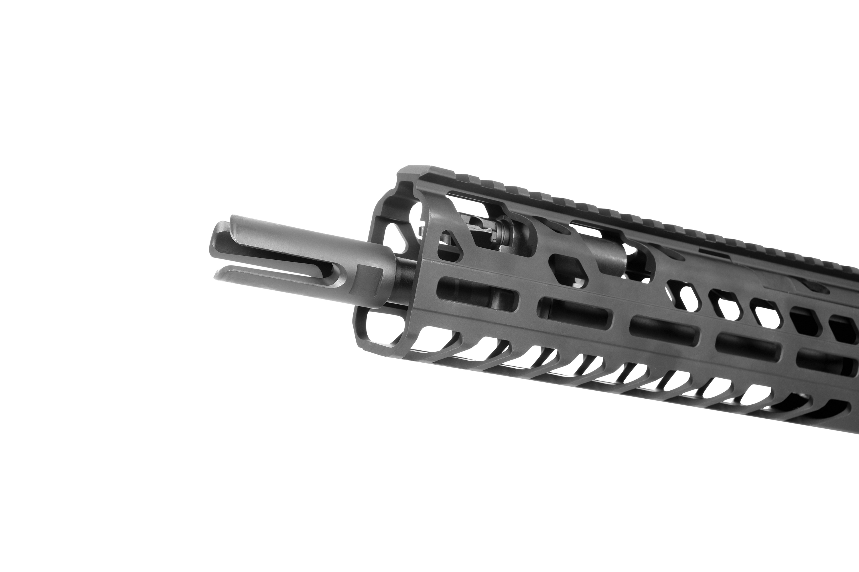 Schwarzer Gewehrhandschutz aus Metall mit integriertem Mündungsfeuerdämpfer und taktischem, modularem Design für Schusswaffenzubehör.
