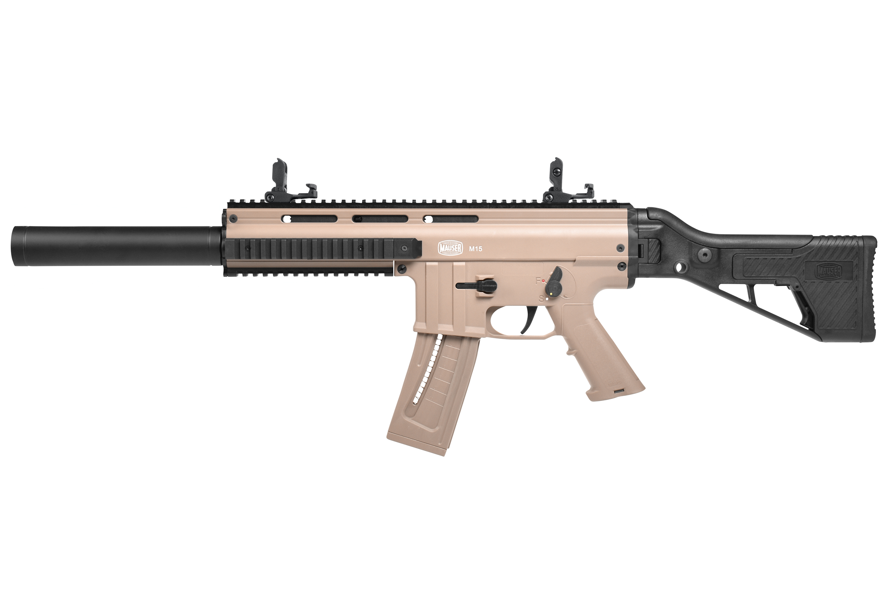 Umarex M15 Luftgewehr in Hellbraun mit schwarzen Akzenten, mit taktischem Design und verstellbarem Schaft.