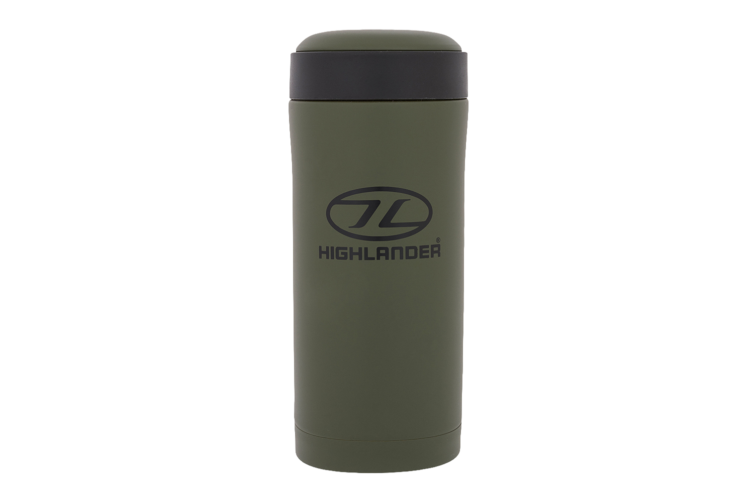 Olivgrüner isolierter Highlander-Reisebecher mit schwarzem Deckel und Logo, ideal für Outdoor-Aktivitäten und zur Aufbewahrung von Ausrüstung.