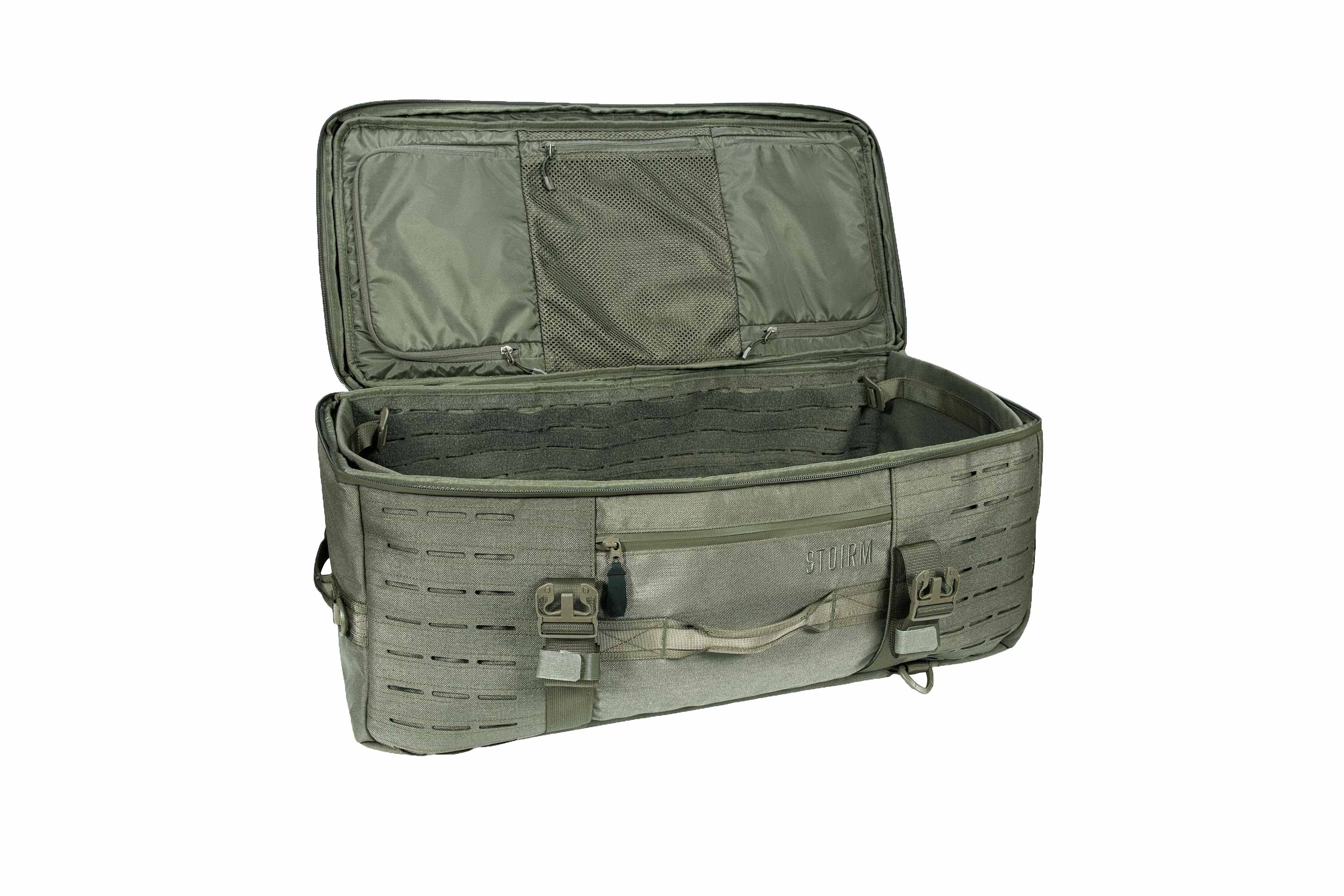 Offene olivgrüne STOIRM-Tasche für taktische Ausrüstung mit MOLLE-Gurtband, internen Netztaschen und stabilen Tragegriffgurten.