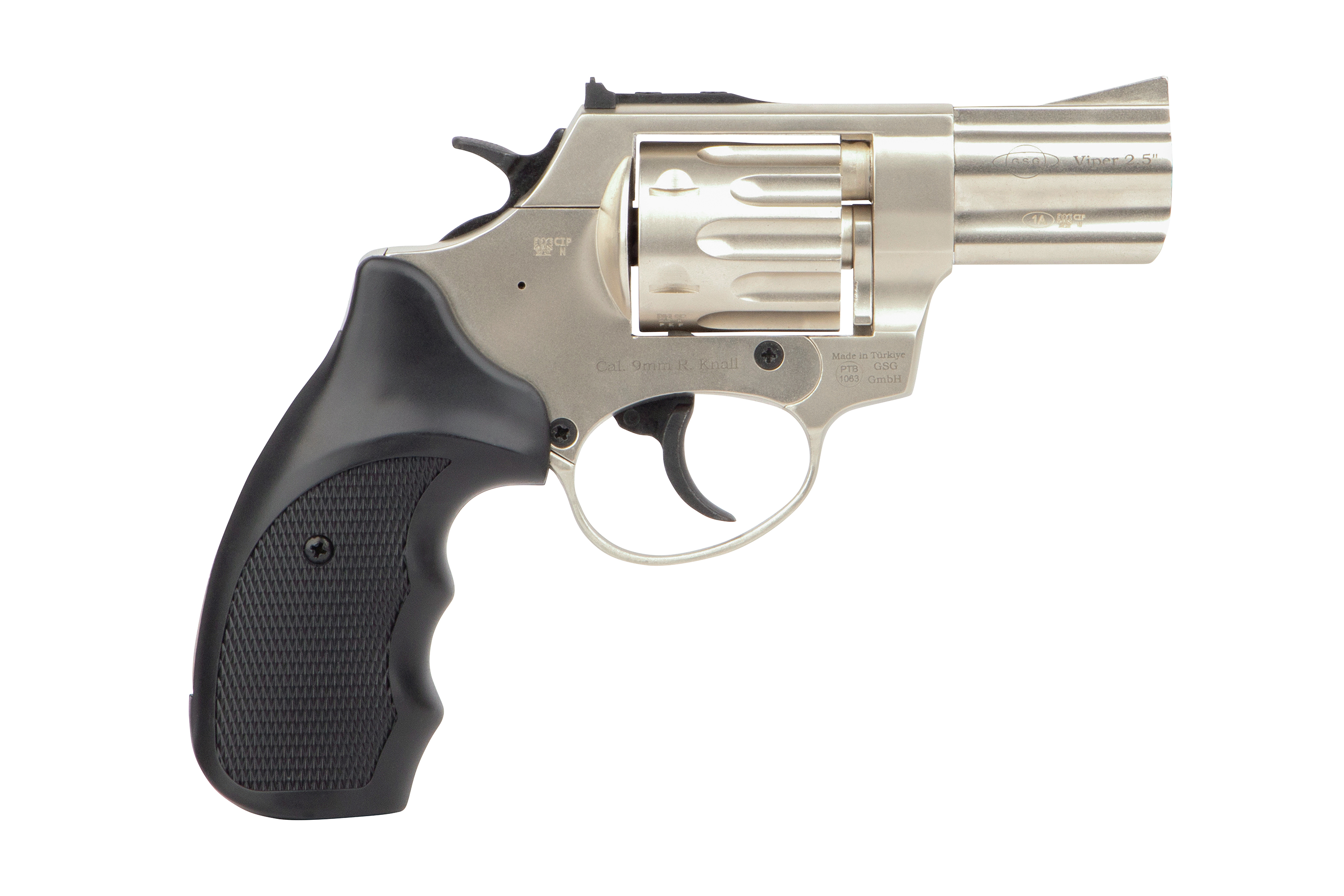 GSG Viper 2,5-Zoll-Revolver mit Blankofeuerung in Nickel-Finish mit schwarzem strukturiertem Griff, isoliert auf weißem Hintergrund.