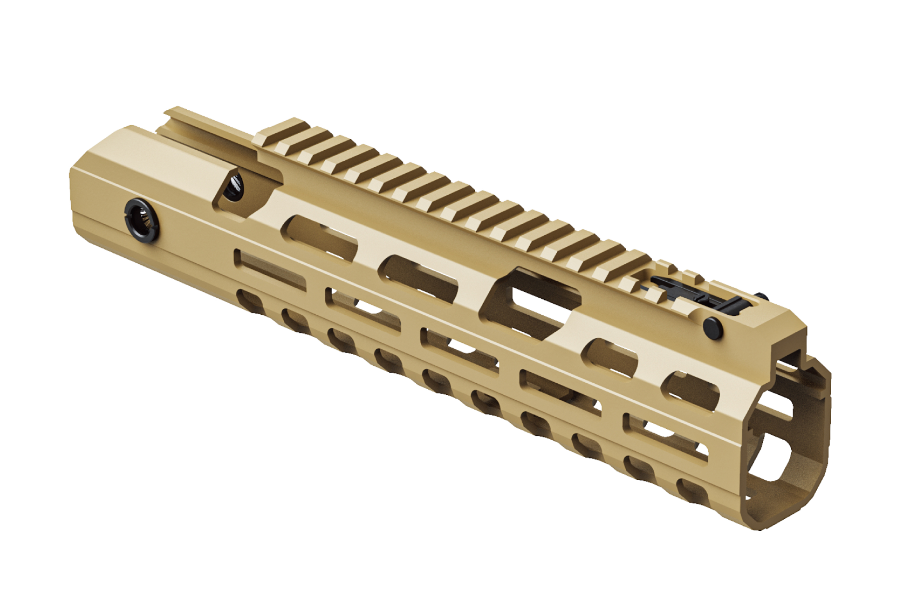 Hellbrauner modularer Handschutz für Luftgewehre mit einer oberen Picatinny-Schiene und seitlichen M-LOK-Steckplätzen für Zubehör.