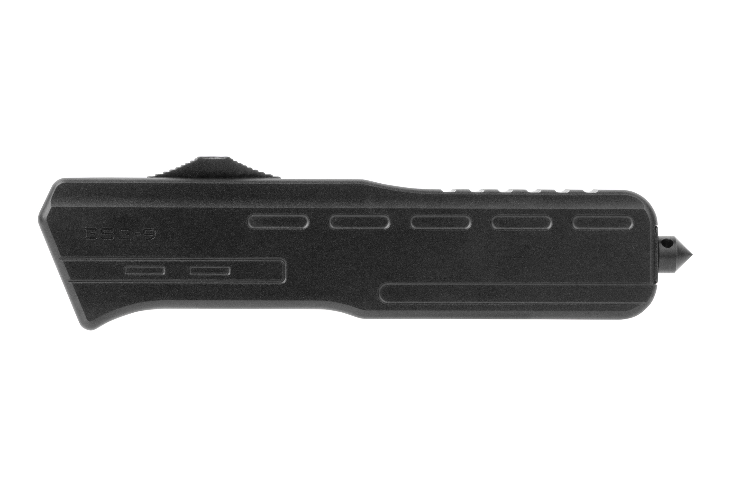 Schwarzer taktischer automatischer Messergriff GSG-9 mit strukturiertem Griff und Glasbrecher, isoliert auf weißem Hintergrund.
