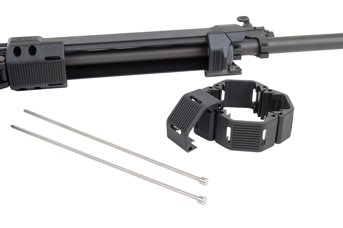 Amoeba-Handschutz-Zubehörset aus schwarzem Polymer mit zwei Metallstiften für die individuelle Anpassung und Wartung von Airsoft-Gewehren.