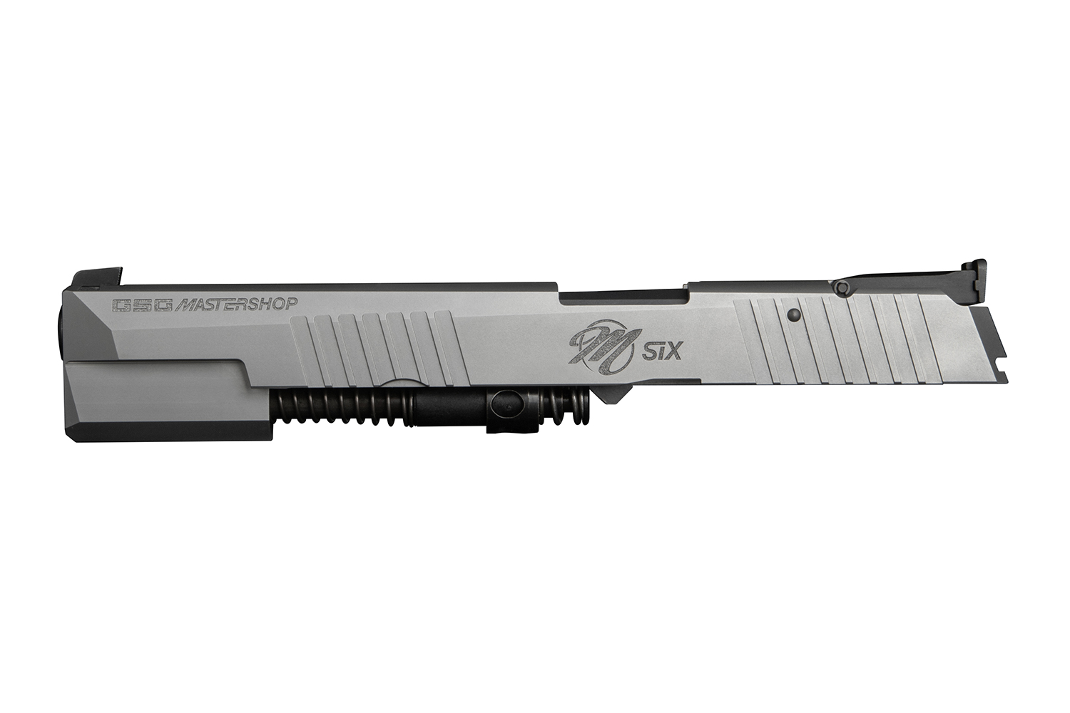 Präzisions-Luftpistolenschlitten von BBG Mastershop mit elegantem Silberfinish und strukturiertem Griff.