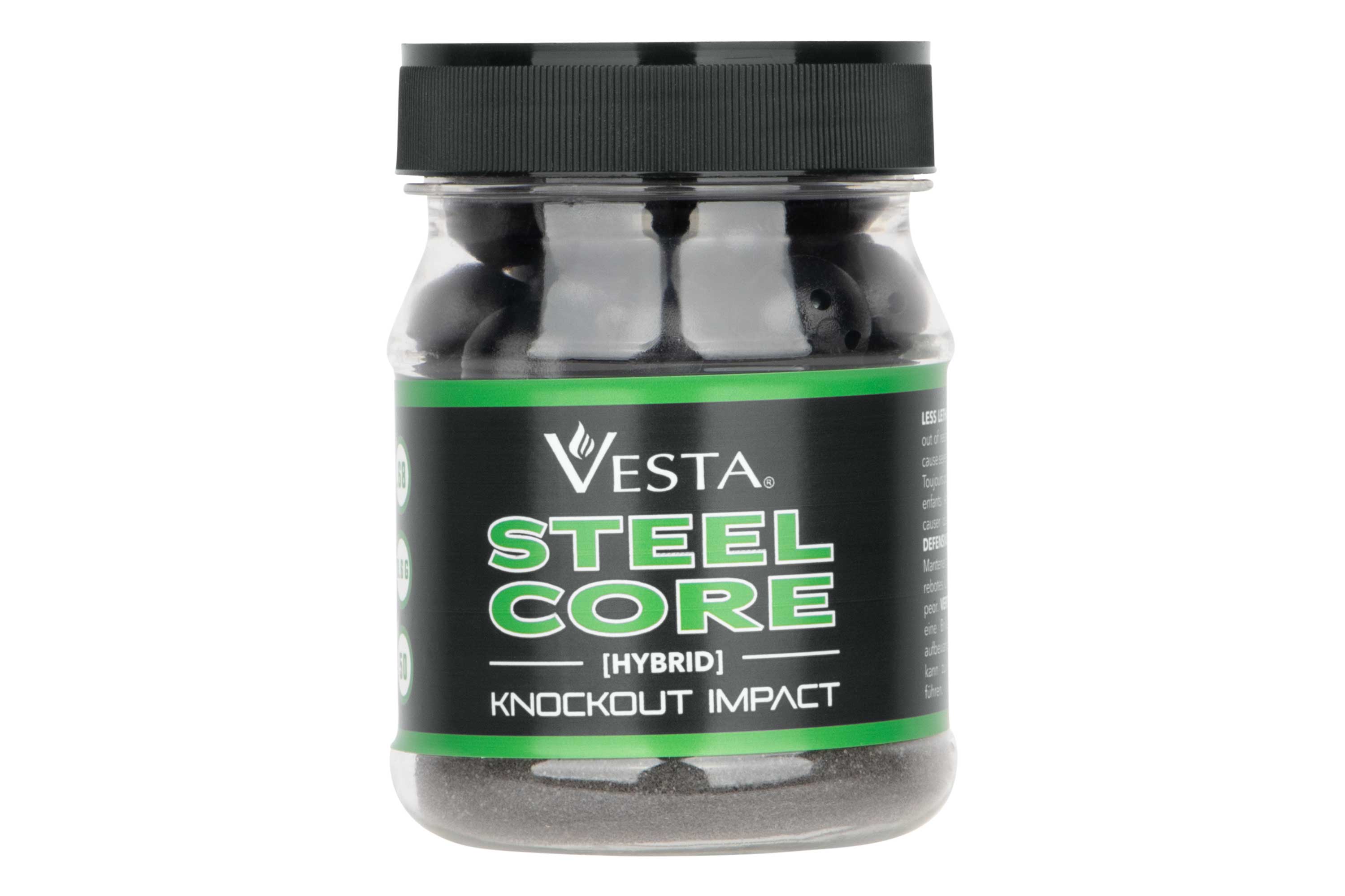 Ein durchsichtiges Plastikgefäß, gefüllt mit Vesta Steel Core Hybrid Knockout Impact-Gummibällen und einem schwarzen Schraubdeckel.