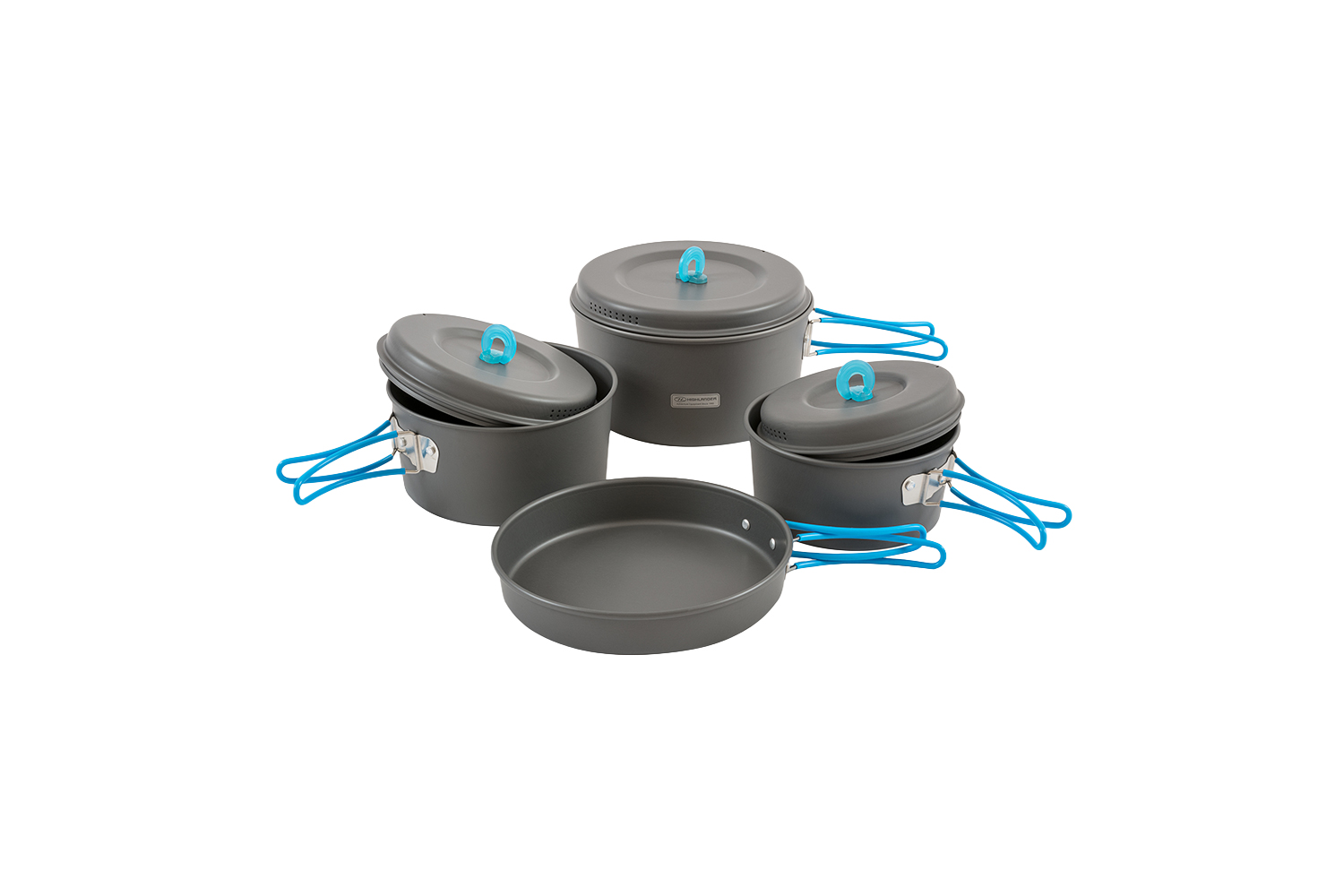 Highlander Camping-Kochgeschirrset mit grauen Töpfen, Deckeln und einer Bratpfanne mit leuchtend blauen Klappgriffen.