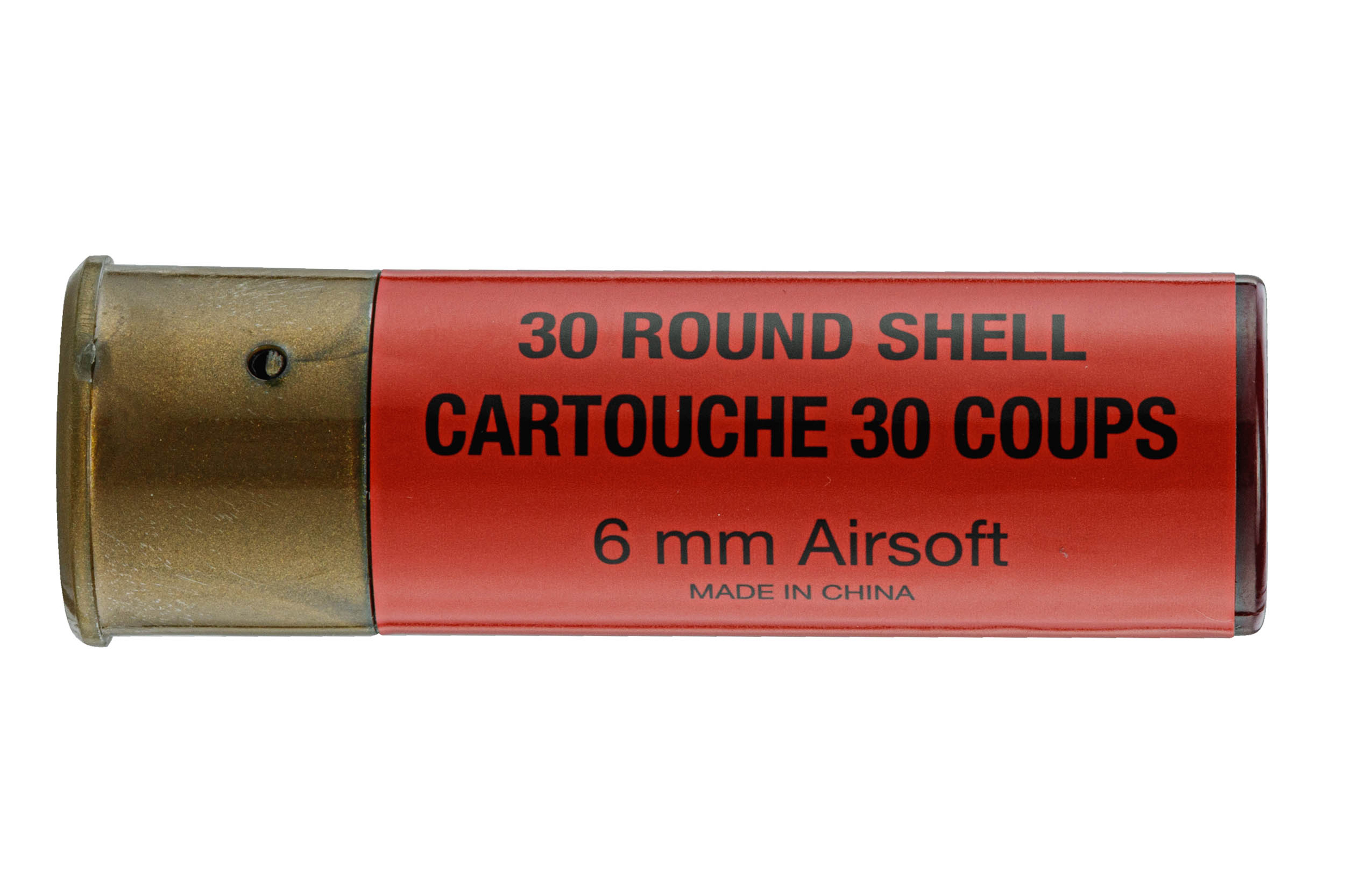 Eine rote 30-Schuss-Airsoft-Schrotflintenpatrone mit messingfarbenem Sockel, beschriftet für 6-mm-Airsoft-Einsatz auf weißem Hintergrund.
