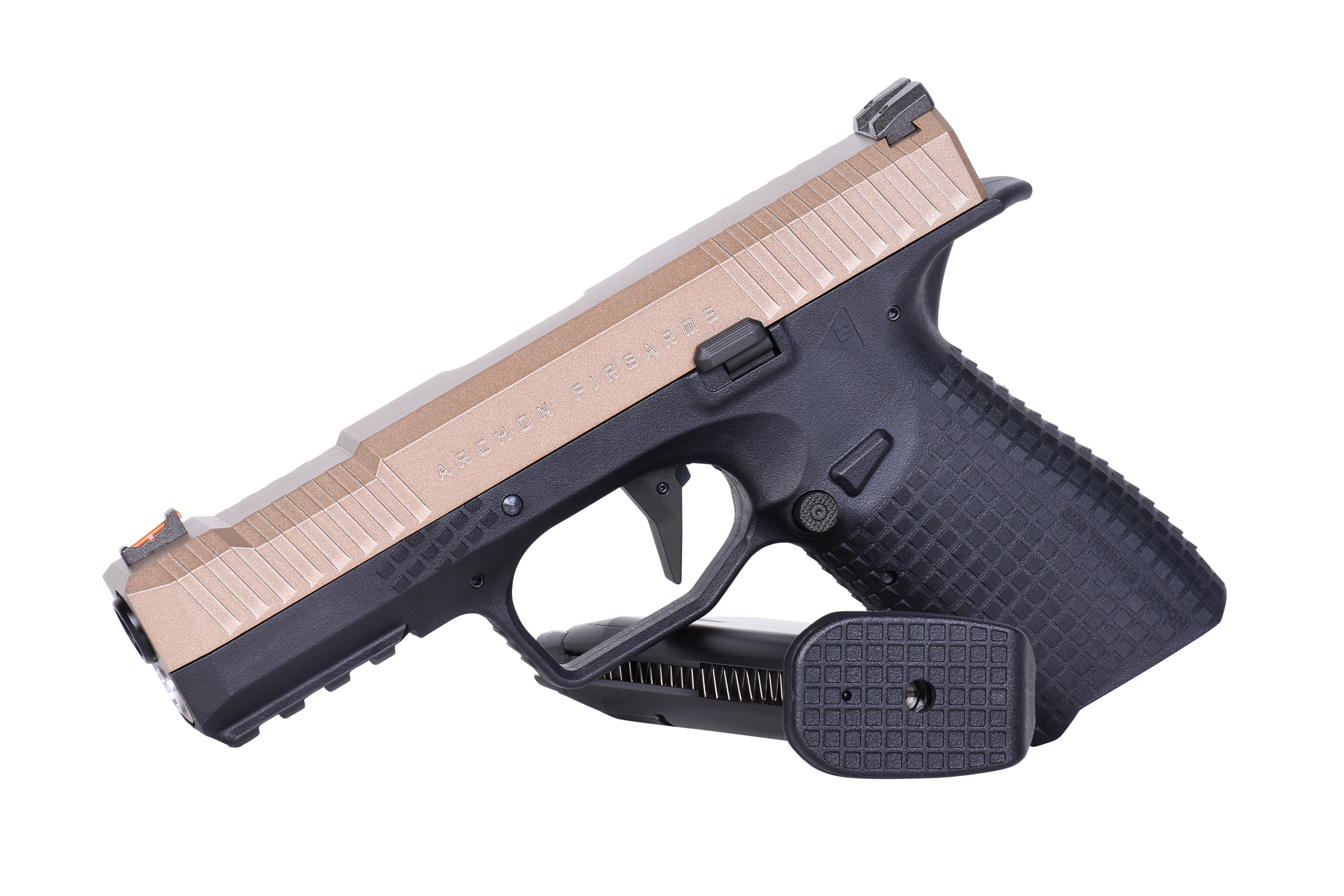 Luftpistole vom Typ B von Archon Firearms mit Bronzeschlitten und schwarzem Griff, konzipiert für Präzisionsschüsse.