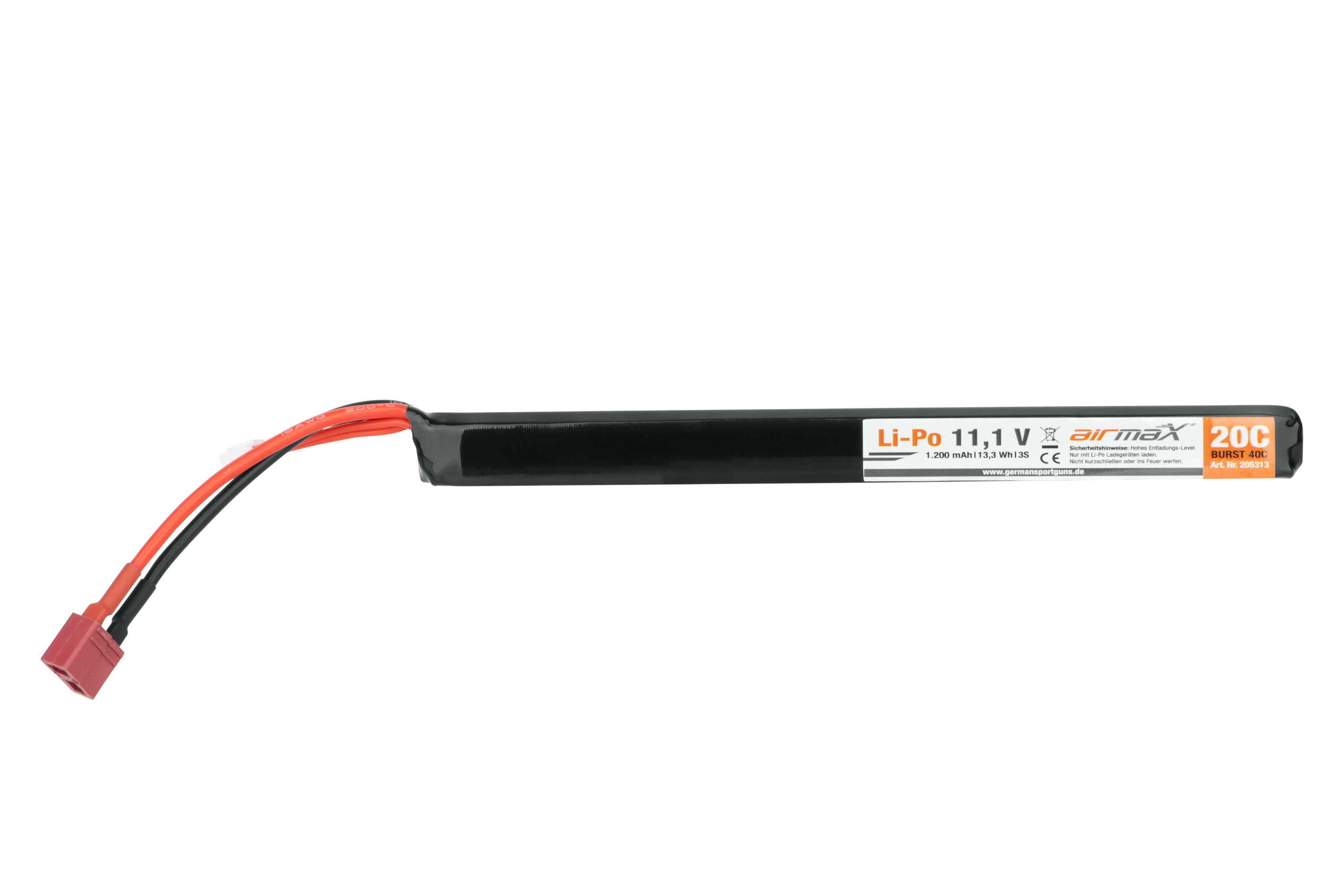 Airmax 11,1 V 1200 mAh Li-Po-Akku für Airsoft-Waffen mit schwarzem Gehäuse und rotem T-Stecker auf weißem Hintergrund.