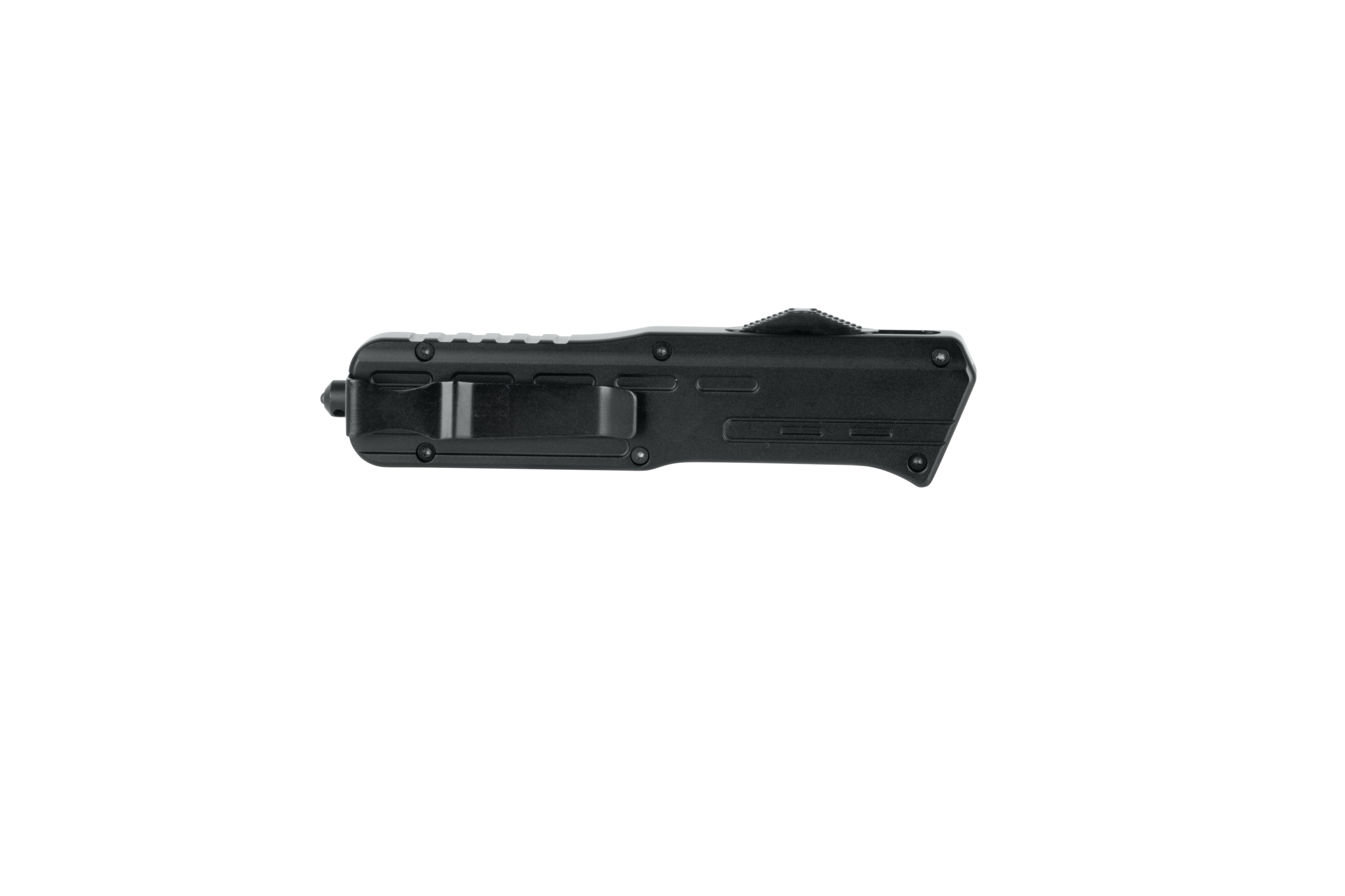 Schwarzer taktischer Taschenmessergriff mit integriertem Gürtelclip aus Metall, strukturiertem Griff und robustem Design.