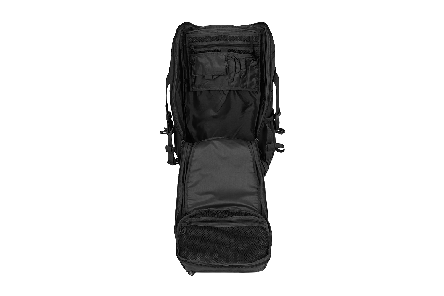 Offener schwarzer taktischer Rucksack mit Innenfächern, Netztaschen und Organizern für Ausrüstung und Schusswaffenzubehör.