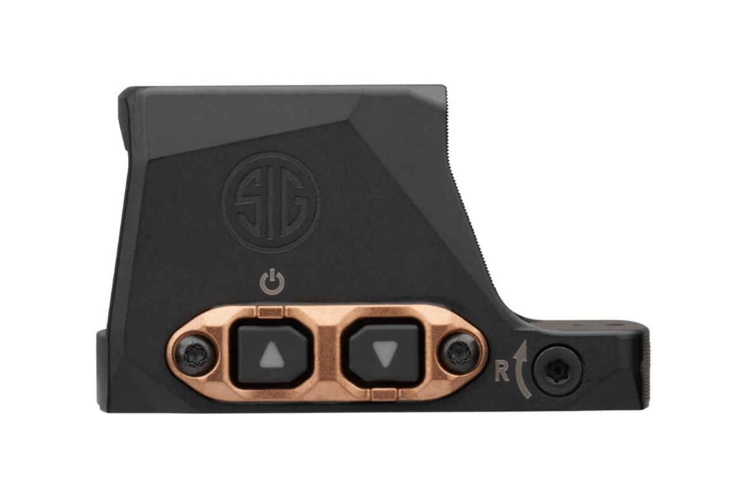 SIG Sauer ROMEO1 Pro Reflexvisier mit schwarzem Gehäuse und Kupferknöpfen für erhöhte Zielgenauigkeit.