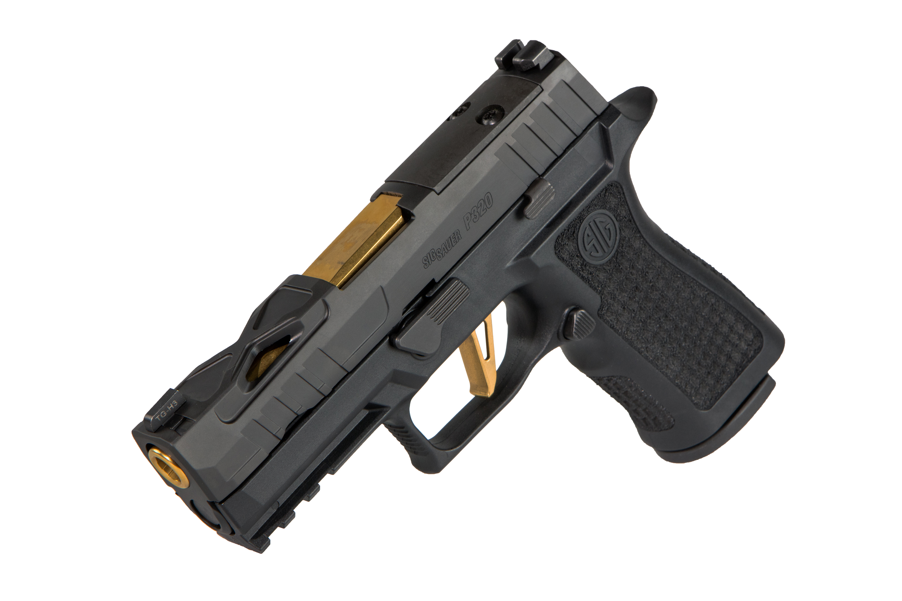 SIG Sauer P320 Luftpistole mit schwarzem Finish und goldenen Akzenten, ideal für Schießbegeisterte.