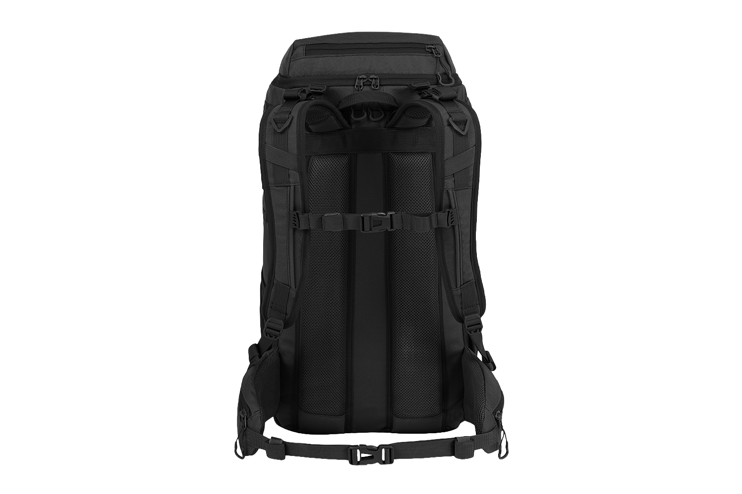 Rückansicht eines schwarzen taktischen Rucksacks mit gepolsterten Schultergurten, einer Brustschnalle und einem Hüftgurt zur Unterstützung.