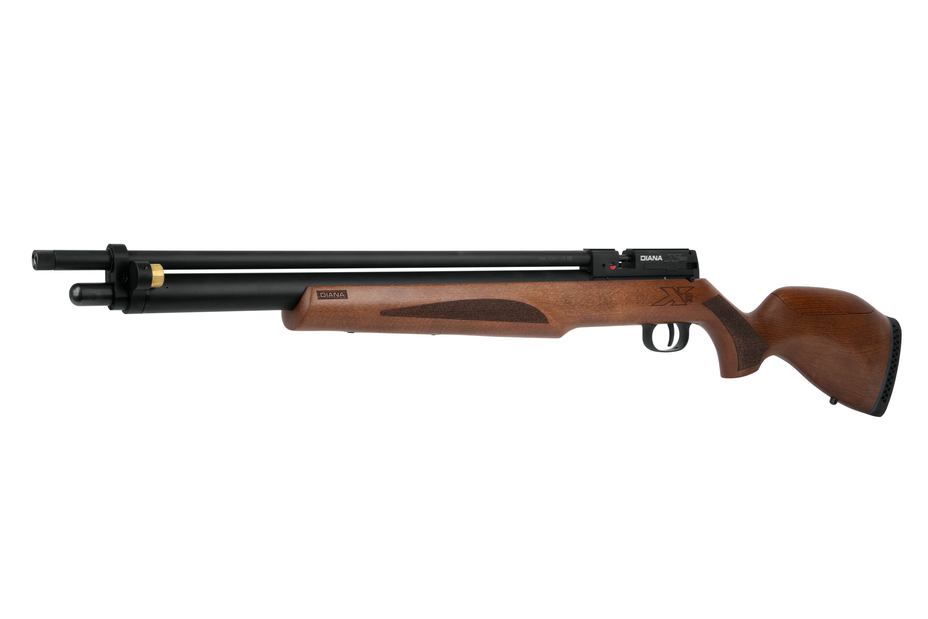 Diana XR200 PCP-Luftgewehr mit Holzschaft, schwarzem Lauf und integriertem Luftzylinder, isoliert auf weißem Hintergrund.