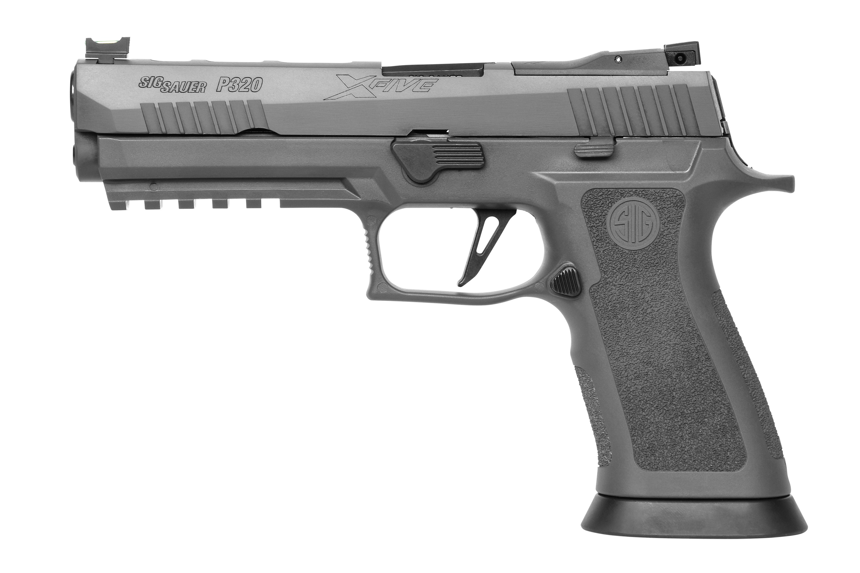 SIG Sauer P320 Luftpistole in Grau mit strukturiertem Griff und Zubehörschiene für Schusswaffenliebhaber.
