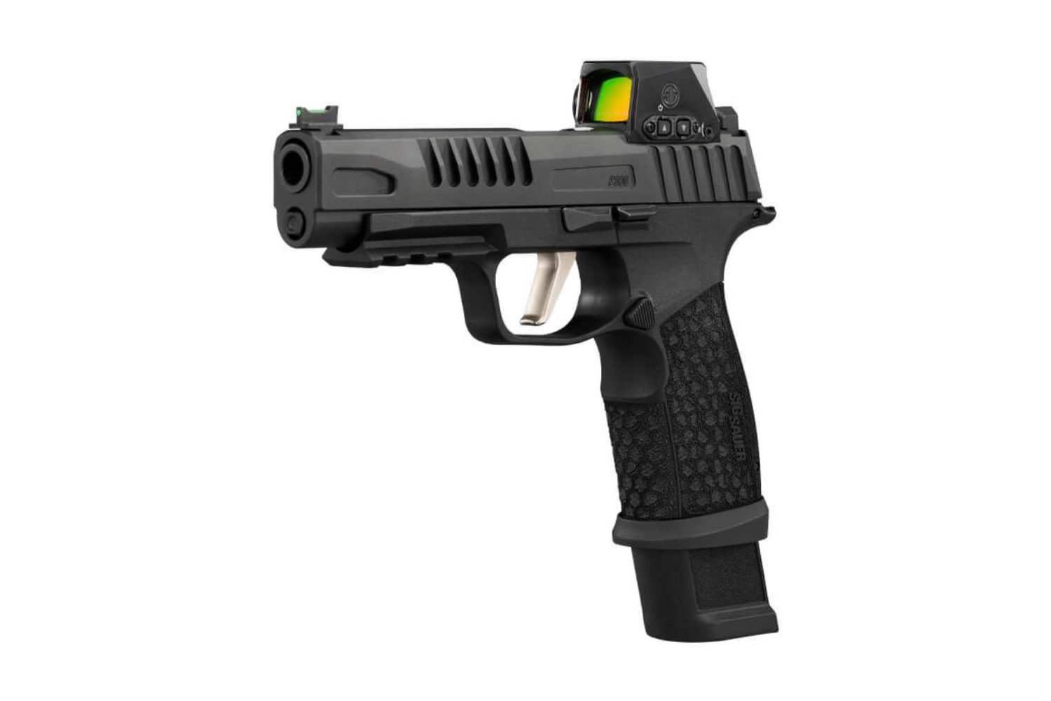 Schwarze Luftpistole mit strukturiertem Griff und Leuchtpunktvisier, ideal für Liebhaber des Präzisionsschießens.