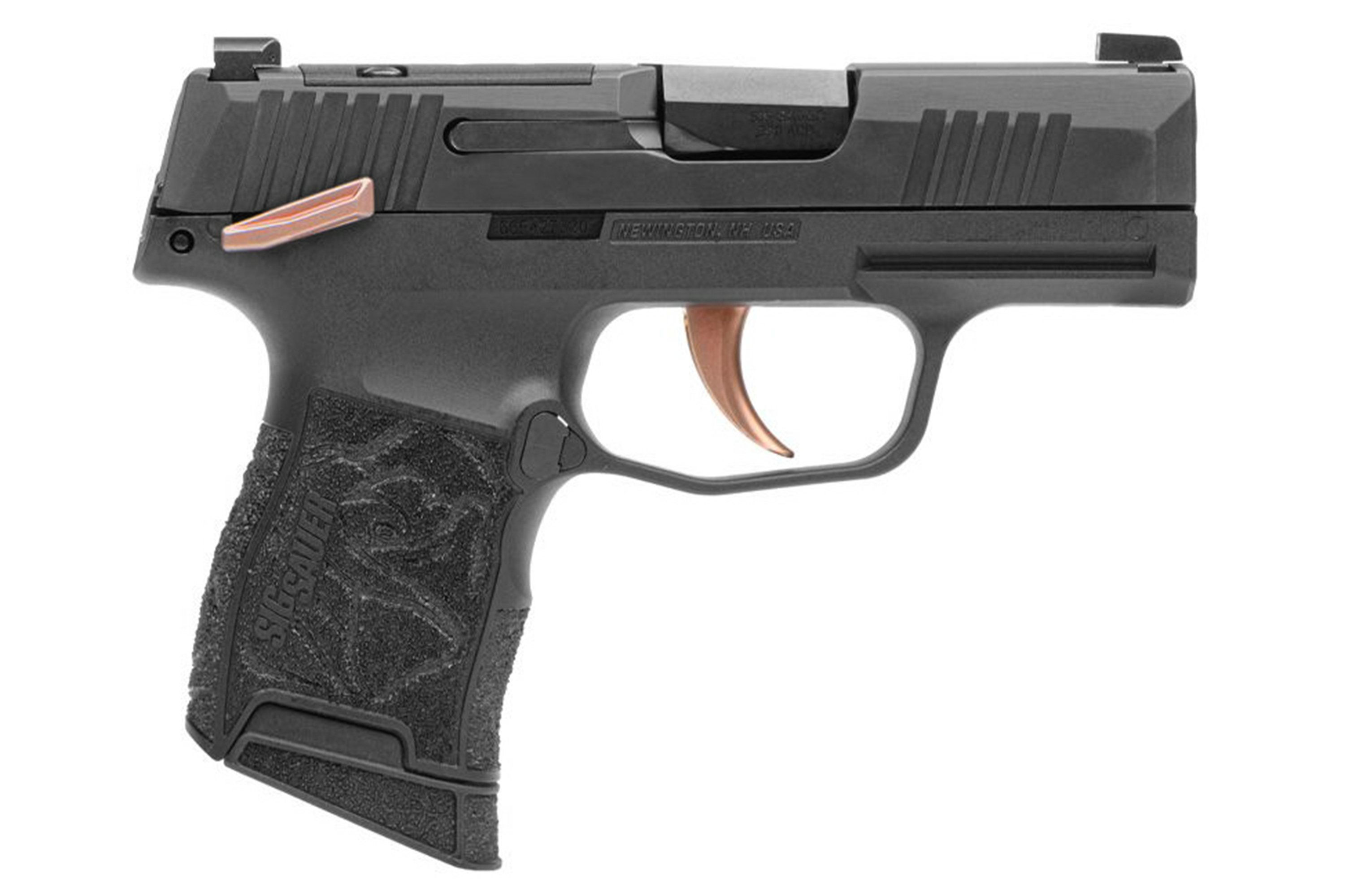 Sig Sauer P365 Luftpistole mit schwarzem Finish und Kupferabzug, konzipiert für Präzisionsschüsse.