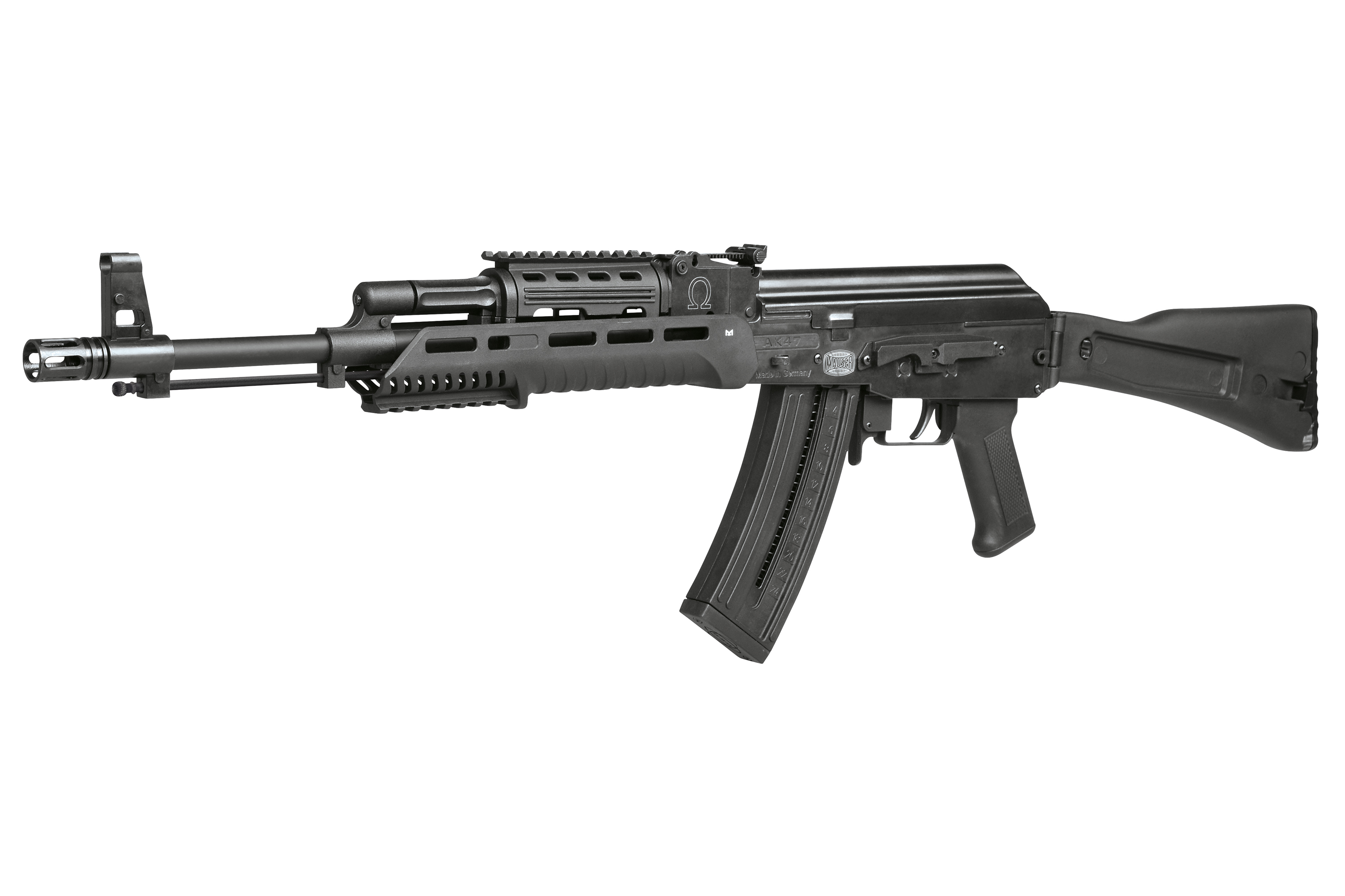 Schwarzes Kalaschnikow AK-47-Luftgewehr mit taktischem Handschutz, integriertem Schienensystem und gebogenem Hochleistungsmagazin.