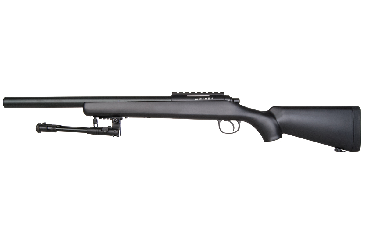 Schwarzes GSG-Airsoft-Scharfschützengewehr mit montiertem Zweibein und oberer Schiene, mit langlebigem, mattem Finish für Zielsportarten.