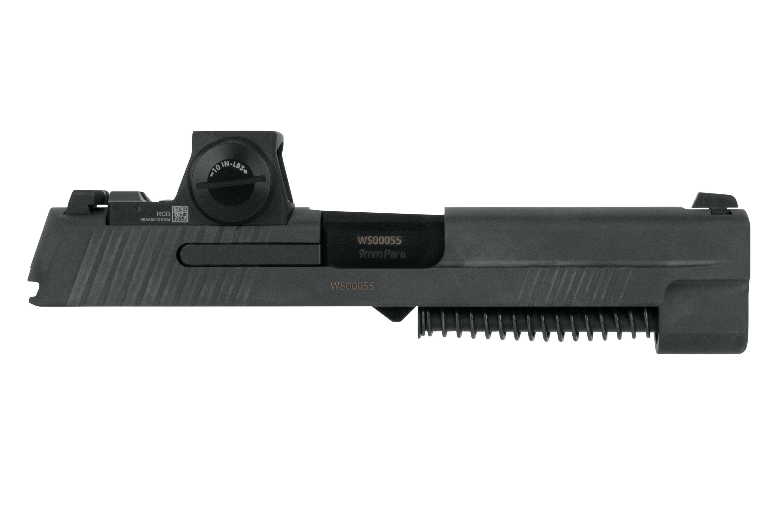 WS00055 9-mm-Para-Schlitten mit integriertem Leuchtpunktvisier, elegantem schwarzem Finish und strukturiertem Griff.