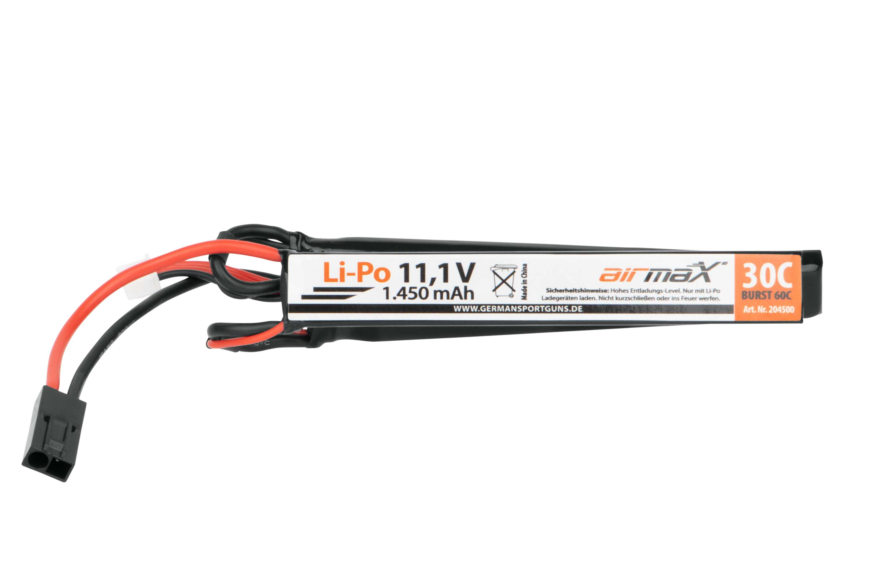 Airmax 11,1 V 1450 mAh Li-Po-Akku für Airsoft-Waffen mit 30 °C Entladerate und schwarzem Anschluss auf weißem Hintergrund.