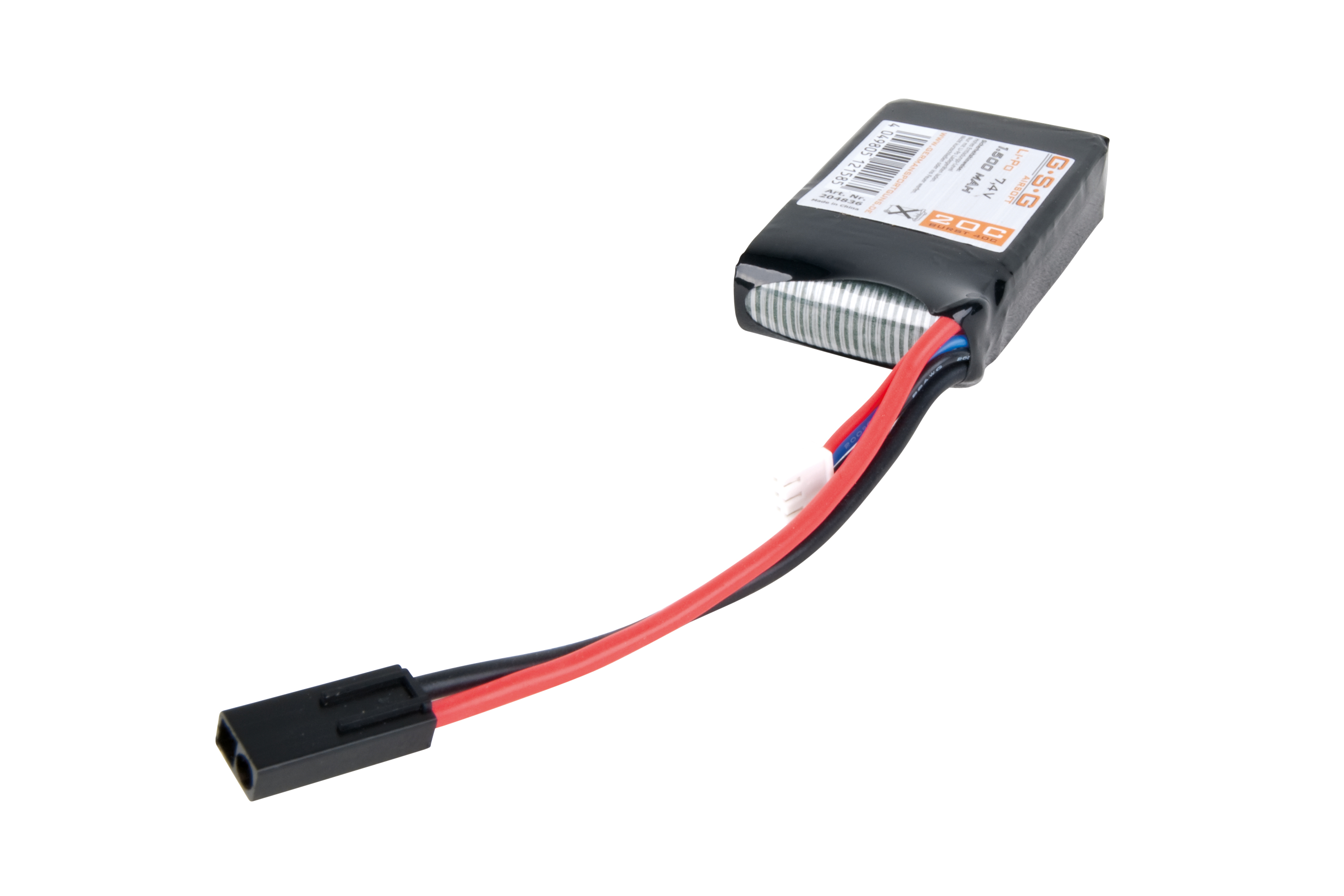 GSG Airsoft 7,4 V 1500 mAh Li-Po-Akku mit schwarzem Gehäuse, roten und schwarzen Kabeln und einem Standard-Anschlussstecker.