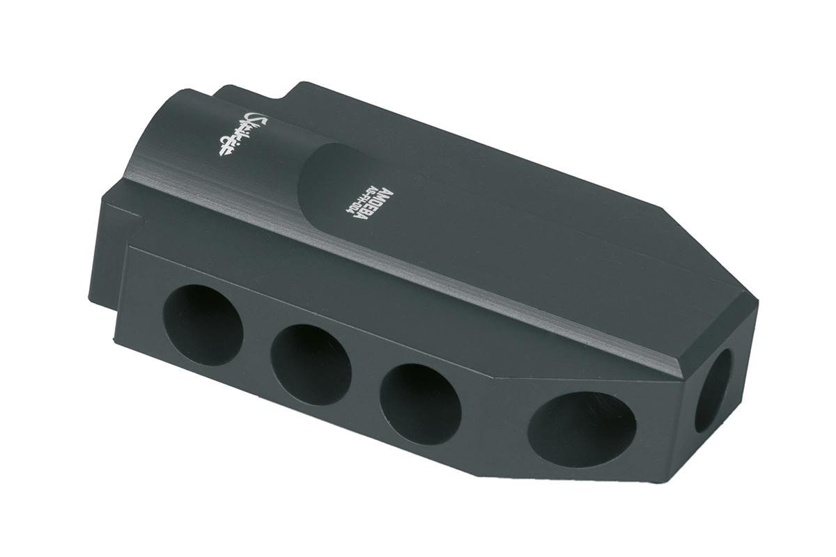 Ares Amoeba AS-FH-004 Mündungsbremse aus schwarzem Metall mit seitlichen Anschlüssen, isoliert auf weißem Hintergrund für Airsoft-Gewehre.
