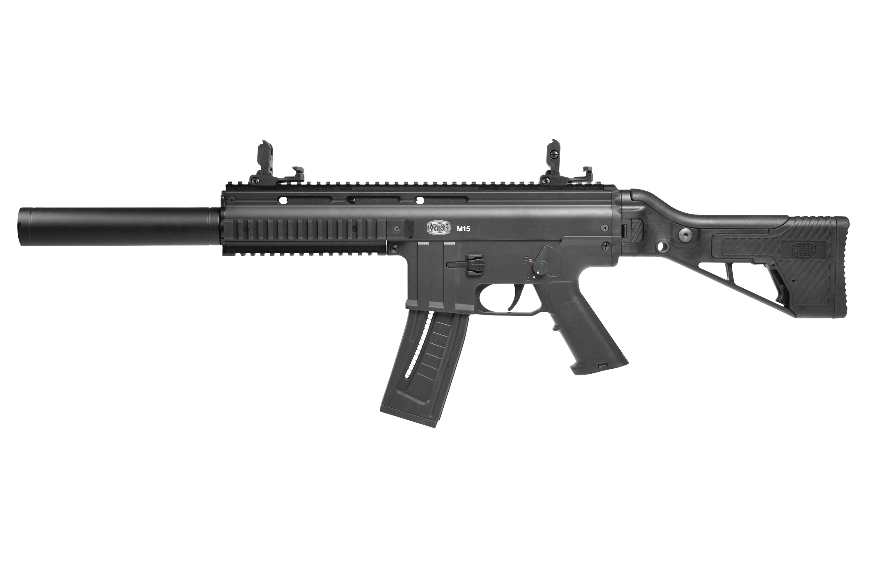 Schwarzes Luftgewehr M15 mit verstellbarem Schaft und Schienensystem für Optik und Zubehör.
