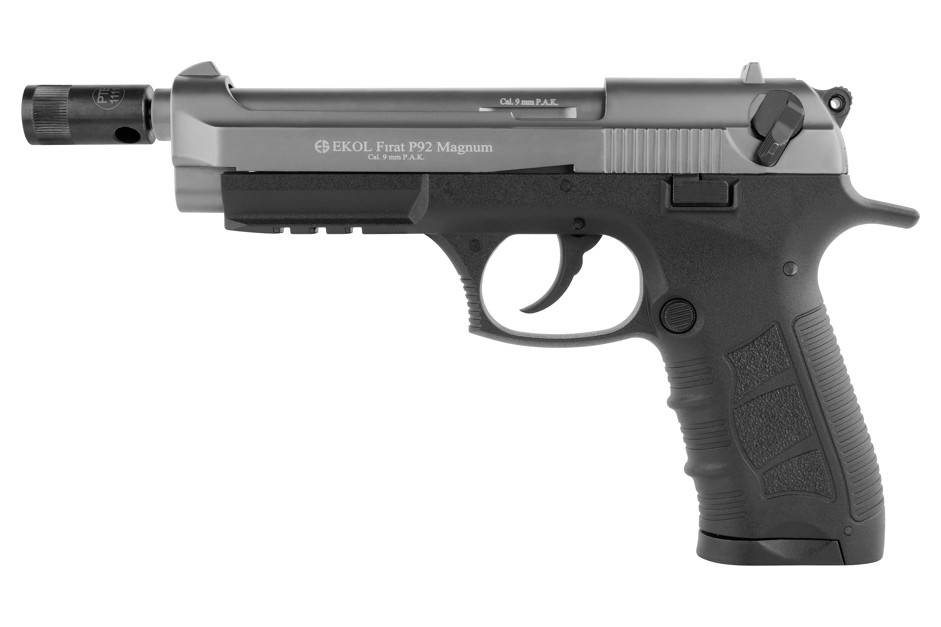 EKOL Firat P92 Magnum Luftpistole in Schwarz und Silber, mit strukturiertem Griff und taktischer Schiene.