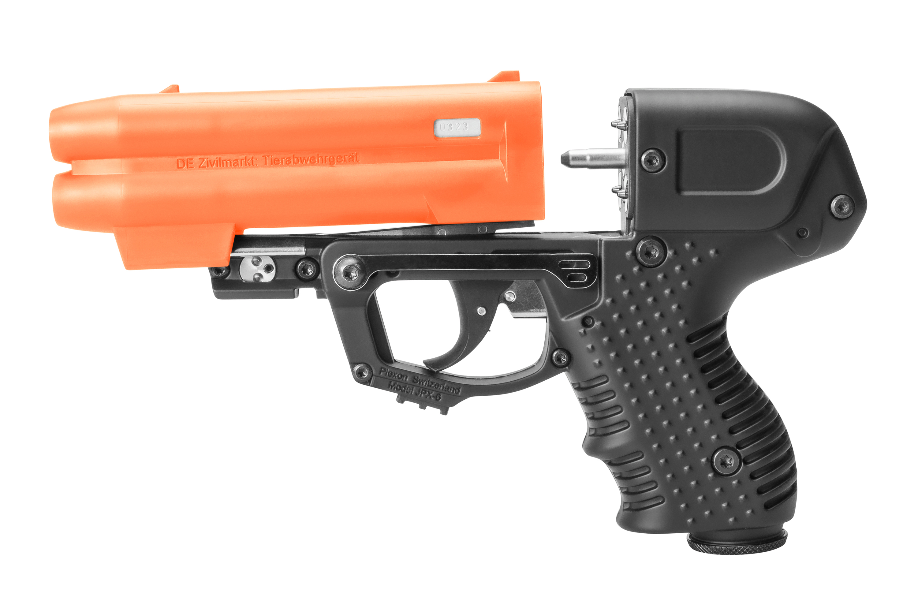 Piexon JPX6 Pfefferpistole mit orangefarbenem Lauf und schwarzem strukturiertem Griff, ein nicht-tödliches Selbstverteidigungsgerät zur Tierbekämpfung.