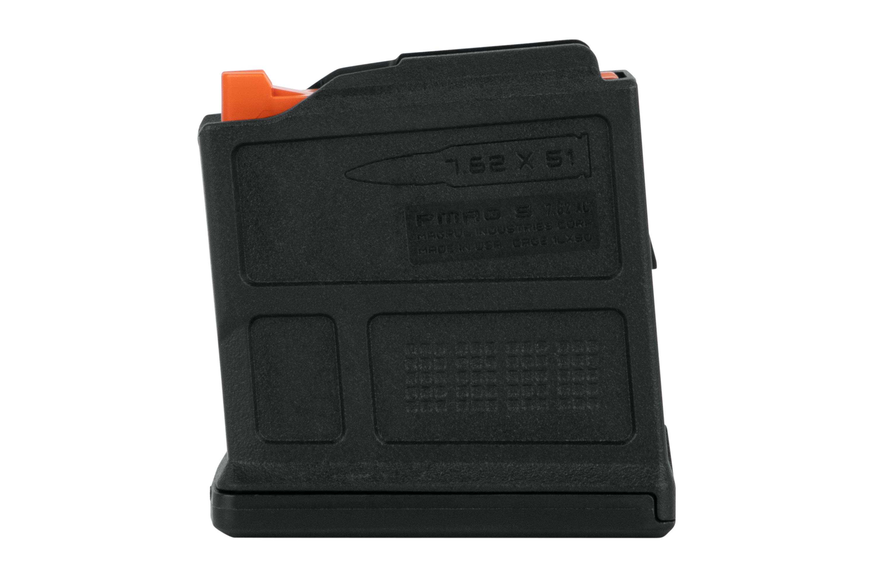 Schwarzes Magpul PMAG 5 7,62 AC-Magazin für Repetierbüchsen mit langlebiger Polymerkonstruktion und orangefarbenem Mitnehmer.
