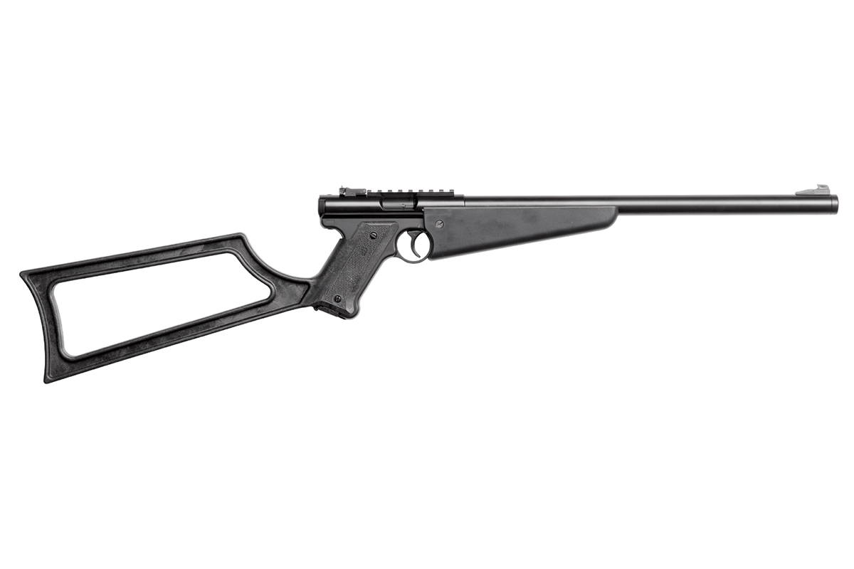 Schwarze Crosman 2240-Luftpistole mit Skelettschaft, langem Lauf und integriertem oberen Montageschienensystem.