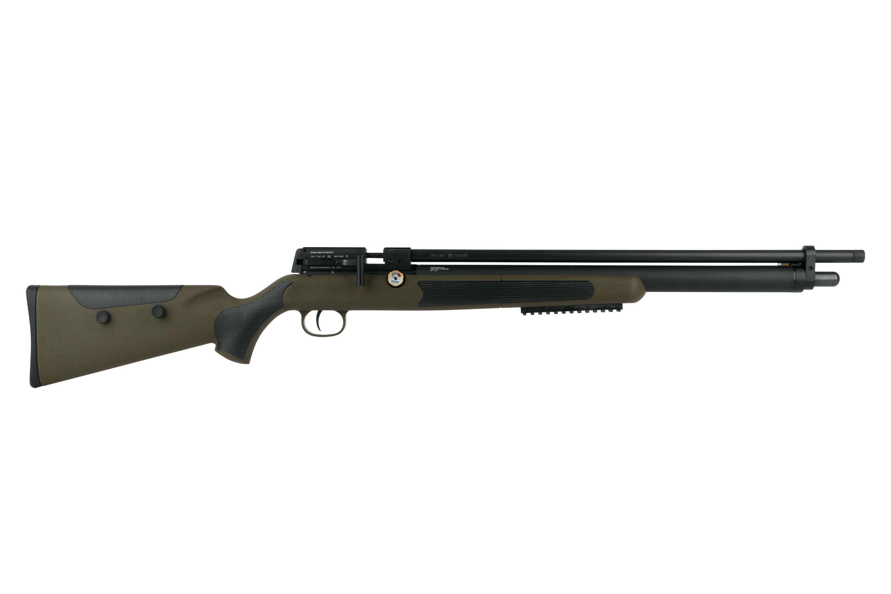 Diana Stormrider PCP-Luftgewehr in Olivgrün mit schwarzem Metalllauf, Kunststoffschaft und integriertem Manometer.