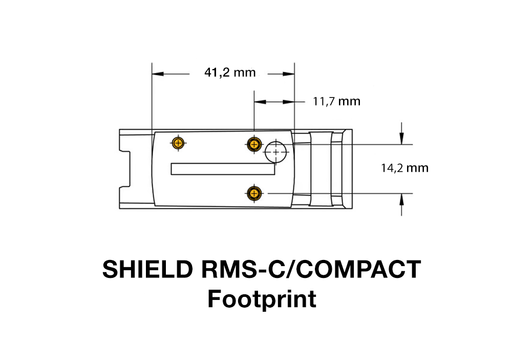 Technisches Diagramm, das die Grundfläche des Leuchtpunktvisiers Shield RMS-C Compact mit genauen Abmessungen der Befestigungslöcher zeigt.
