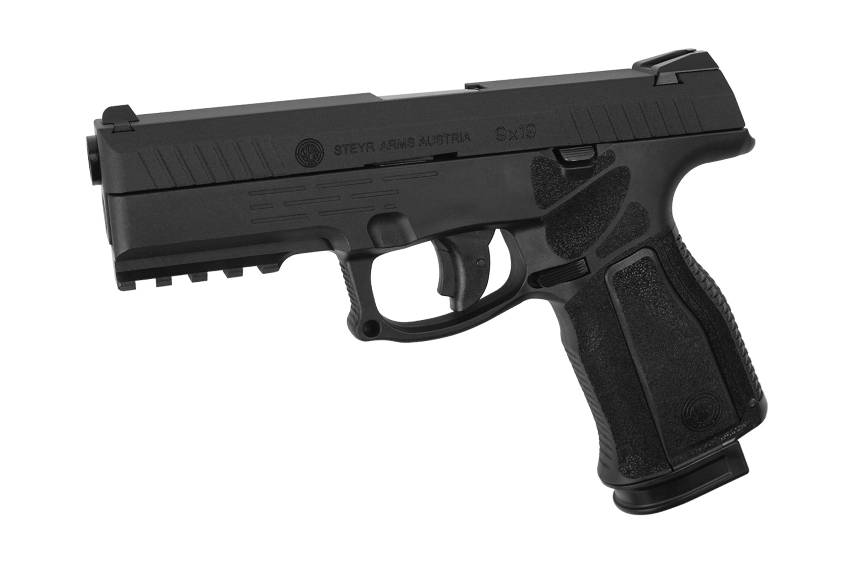 Steyr Arms S9-A1 Luftpistole in Schwarz mit ergonomischem Griff und taktischer Schiene für Zubehör.