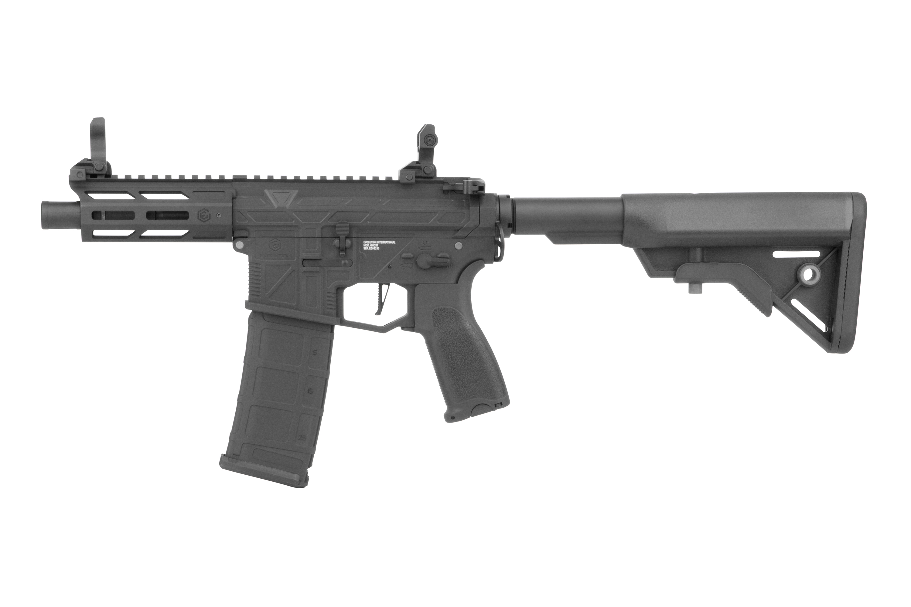 Schwarzes Airsoft-Gewehr Evolution International Recon S mit verstellbarem Schaft, Polymermagazin und taktischem Schienensystem.