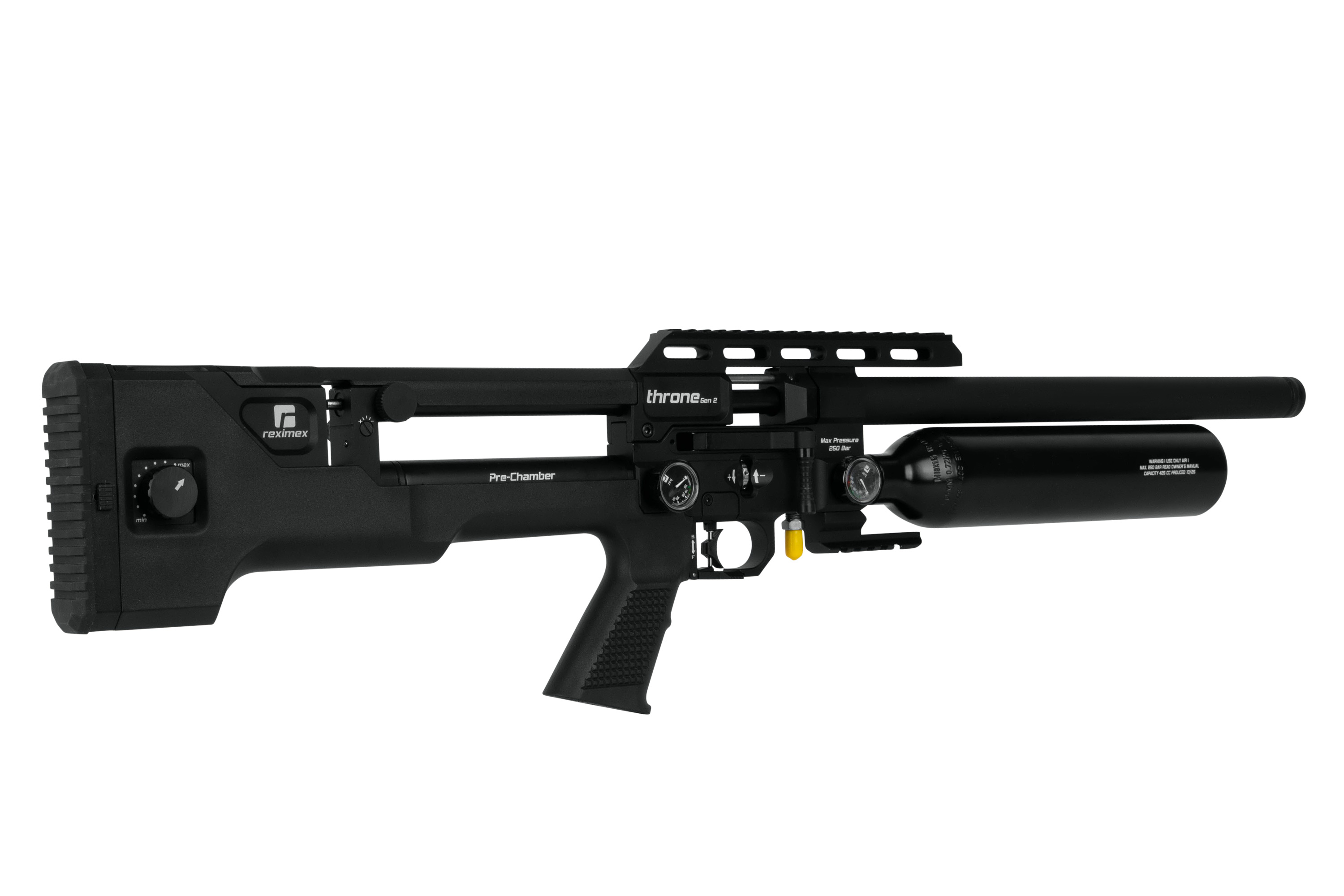 Reximex Throne Gen 2 schwarzes PCP-Luftgewehr mit Bullpup-Design, integriertem Luftzylinder und oberer Montageschiene.