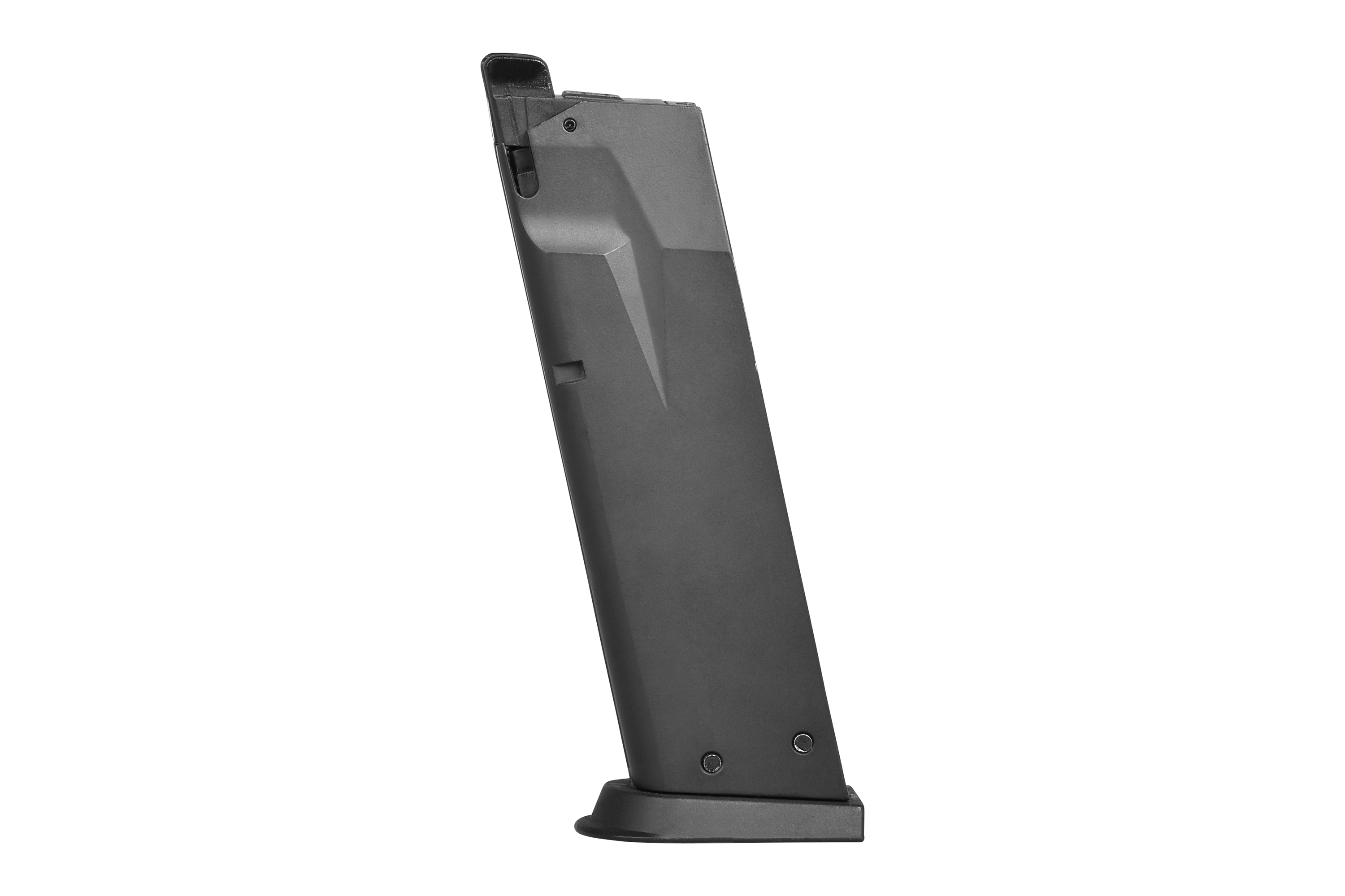 Schwarzes Metallmagazin für Luftpistolen mit robustem Design für zuverlässige Munitionszufuhr und Leistung.
