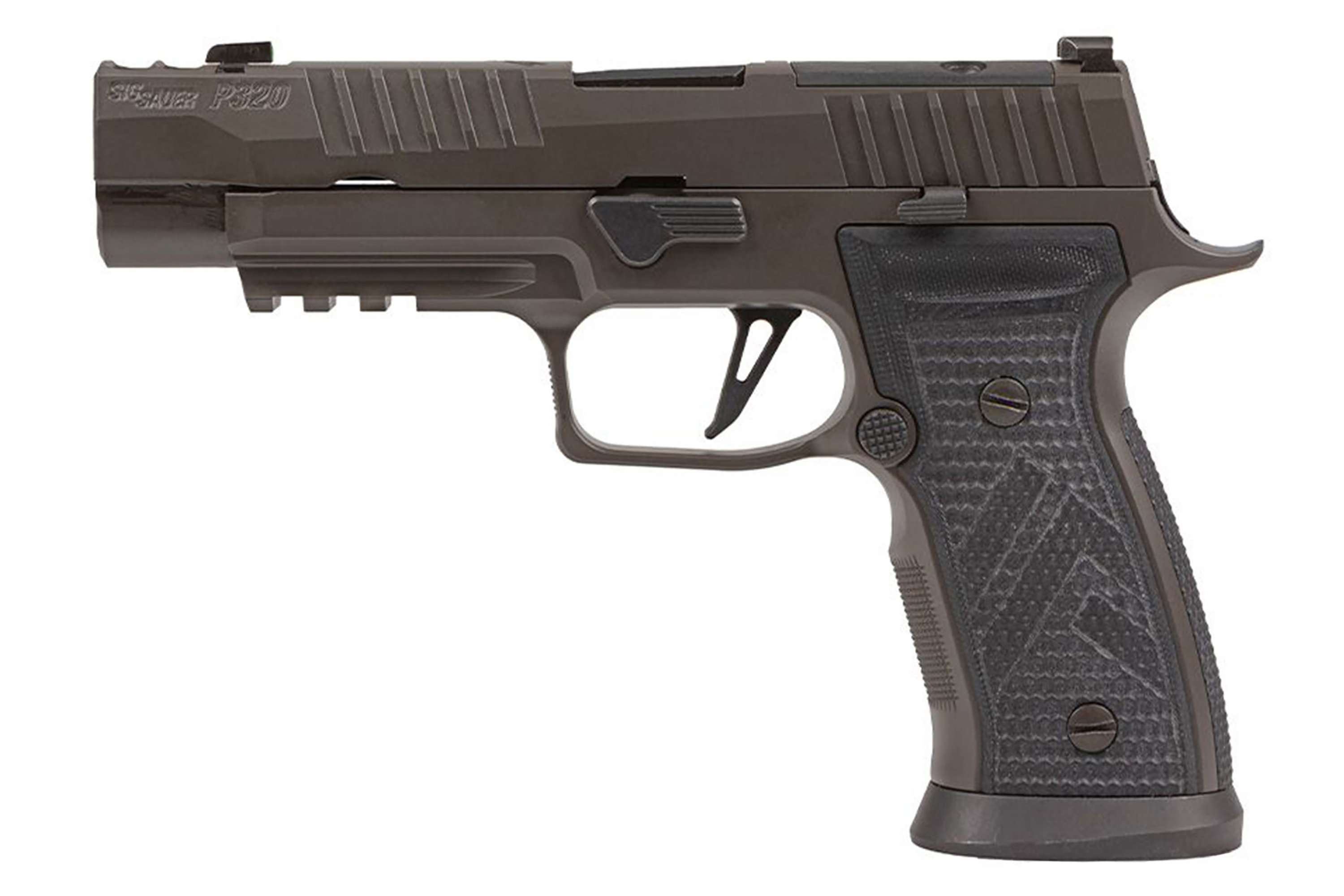 Sig Sauer P320 Luftpistole mit schlankem Design, strukturiertem Griff und taktischer Schiene für Zubehör.