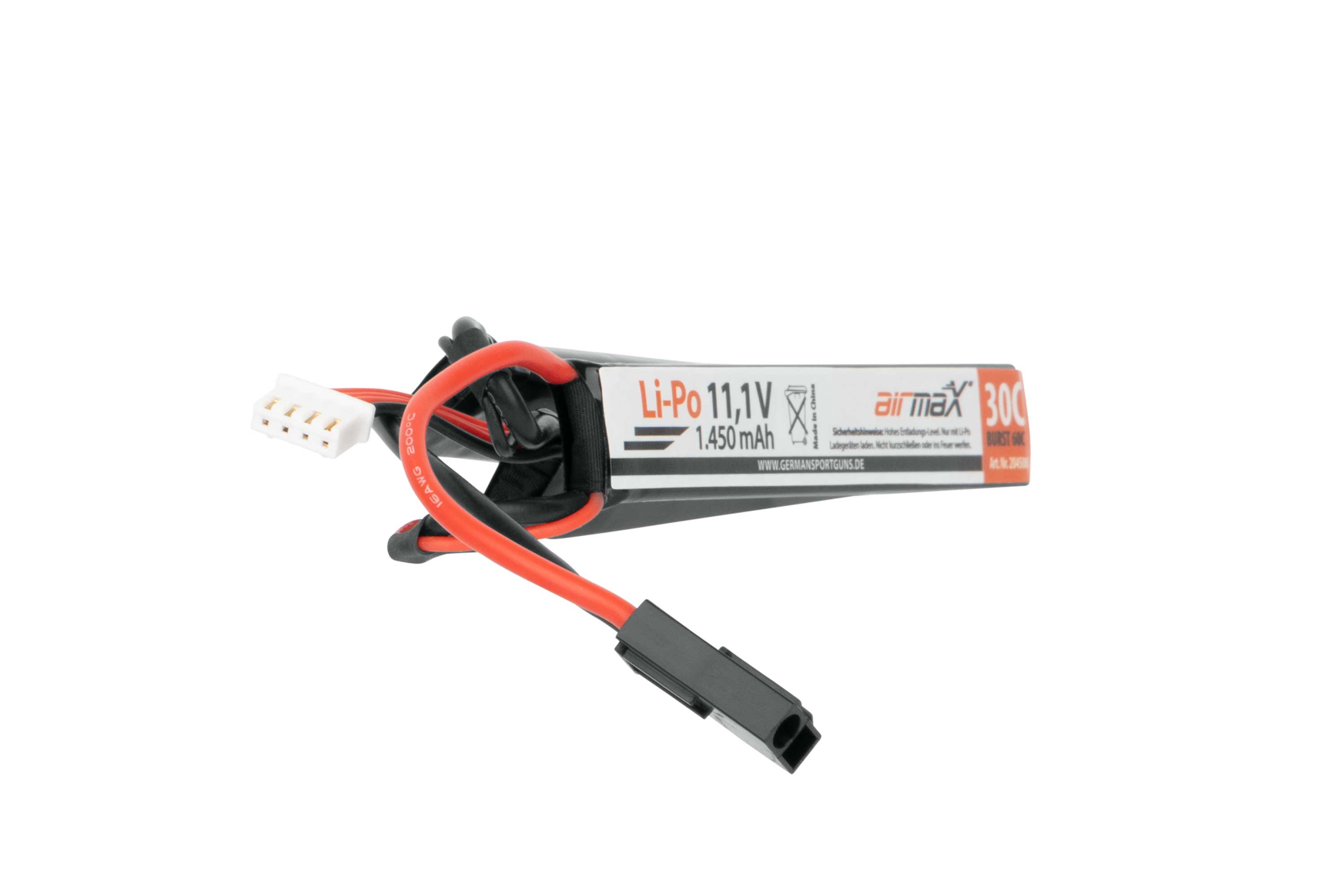 Airmax 11,1 V 1450 mAh Li-Po-Akku für Airsoft-Waffen mit schwarzem Gehäuse, roten Kabeln und einem Standard-Anschlussstecker.