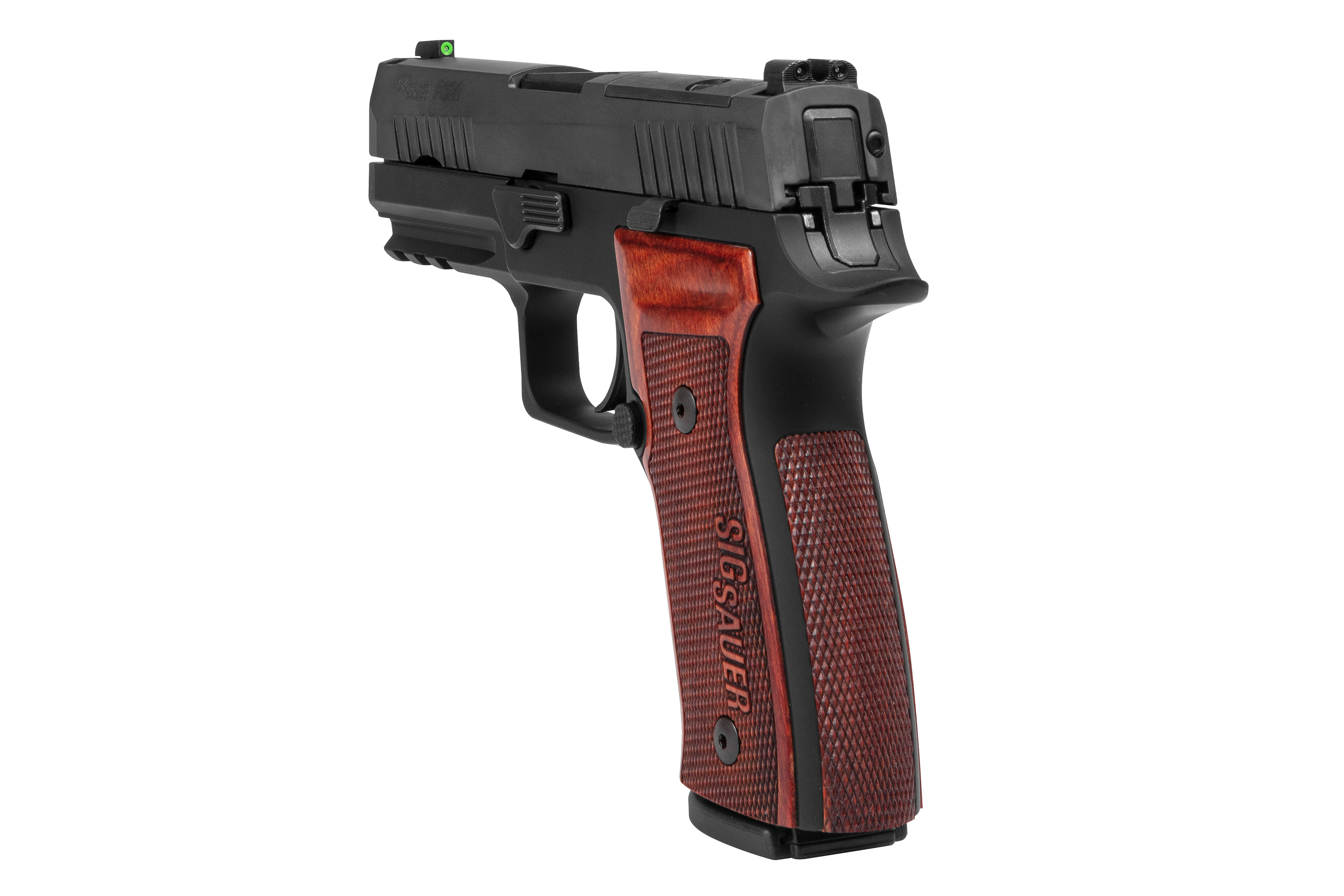 Sig Sauer Luftpistole mit schwarzem Rahmen und Holzgriff, verstellbarer Visierung und ergonomischem Design.