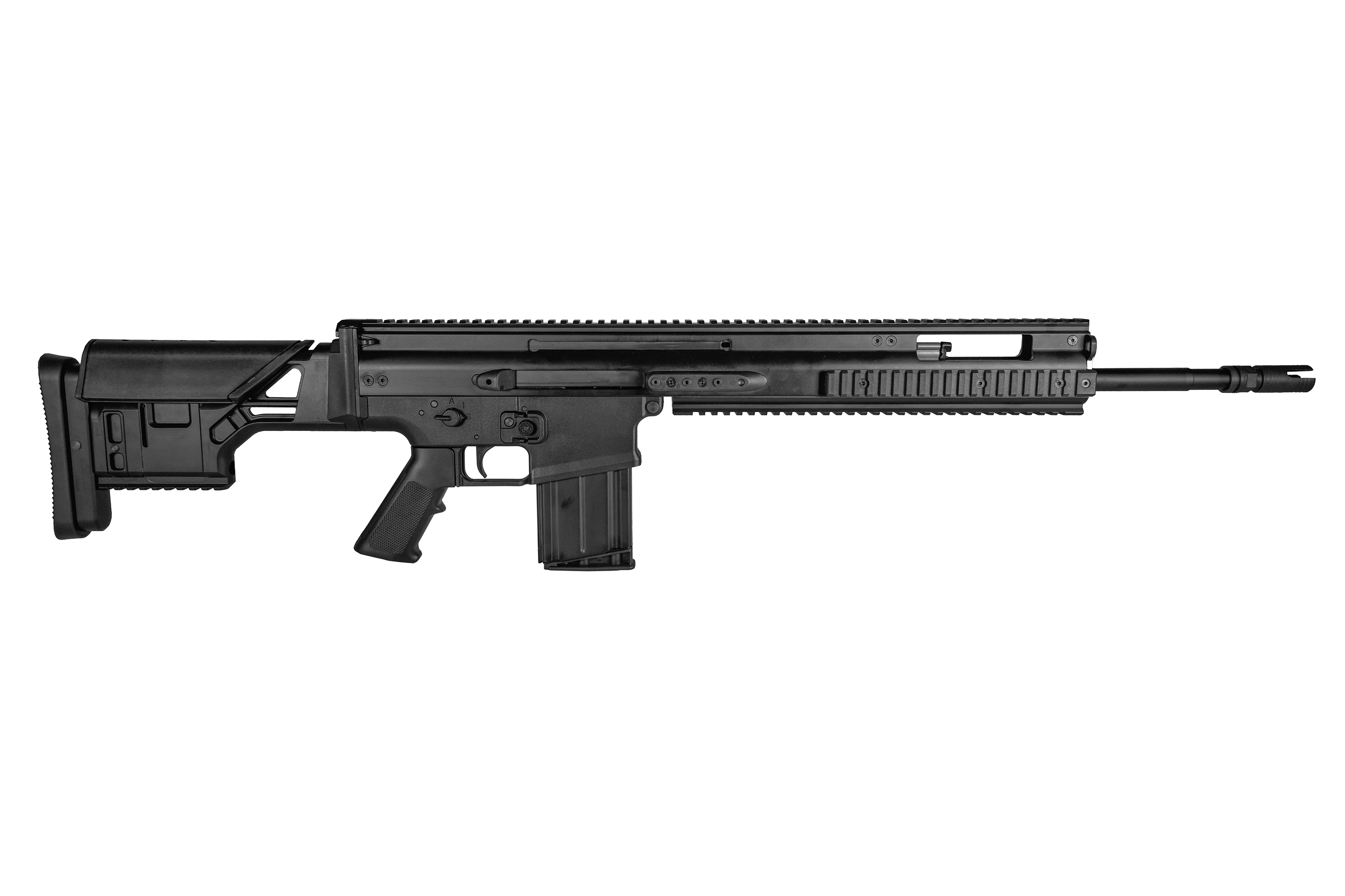 Schwarzes Luftgewehr im SCAR-Stil mit verstellbarem Schaft, integriertem Schienensystem und Magazin, isoliert auf weißem Hintergrund.