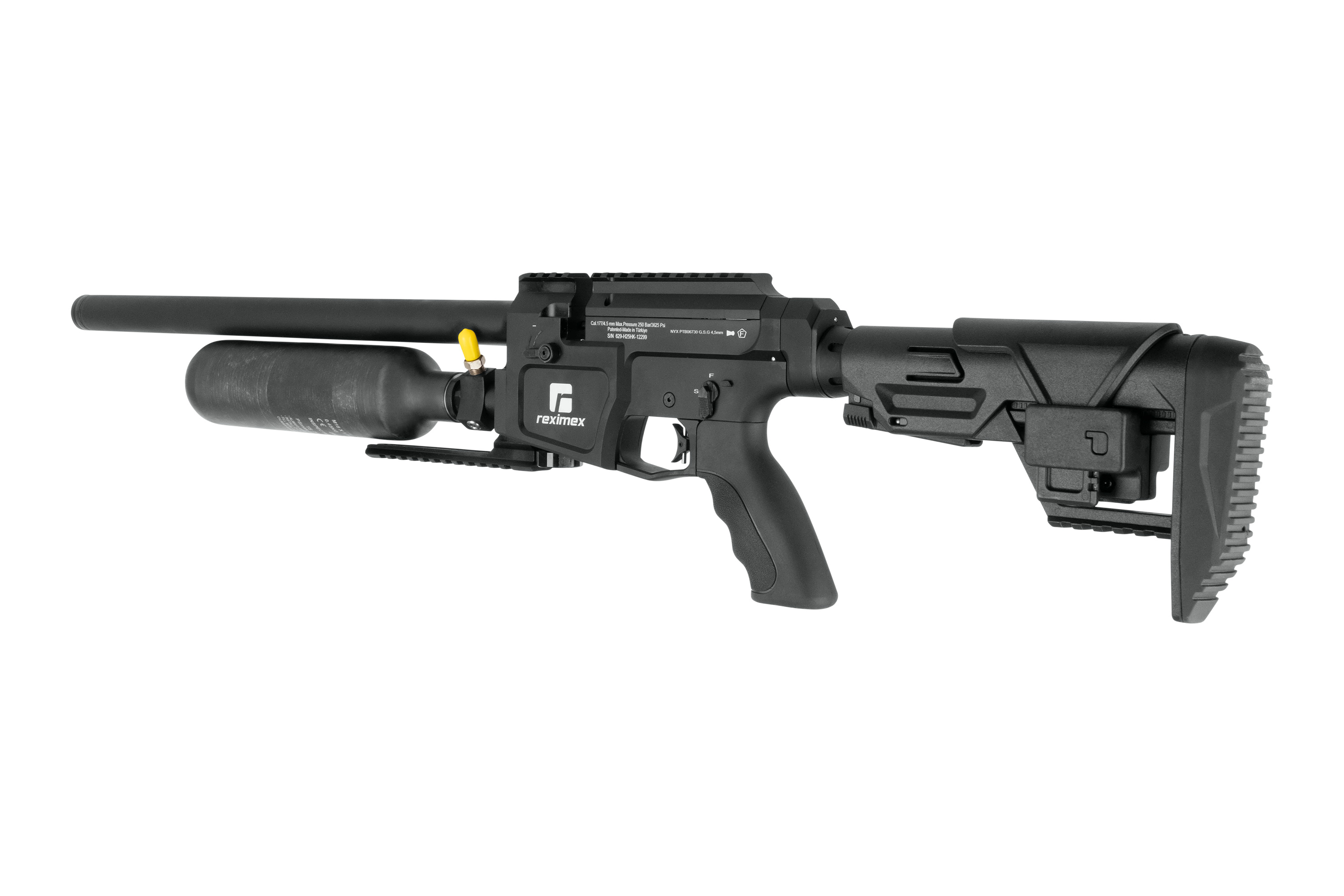 Reximex-Luftgewehr mit schwarzem Finish, verstellbarem Schaft und integriertem Lufttank für präzises Schießen.
