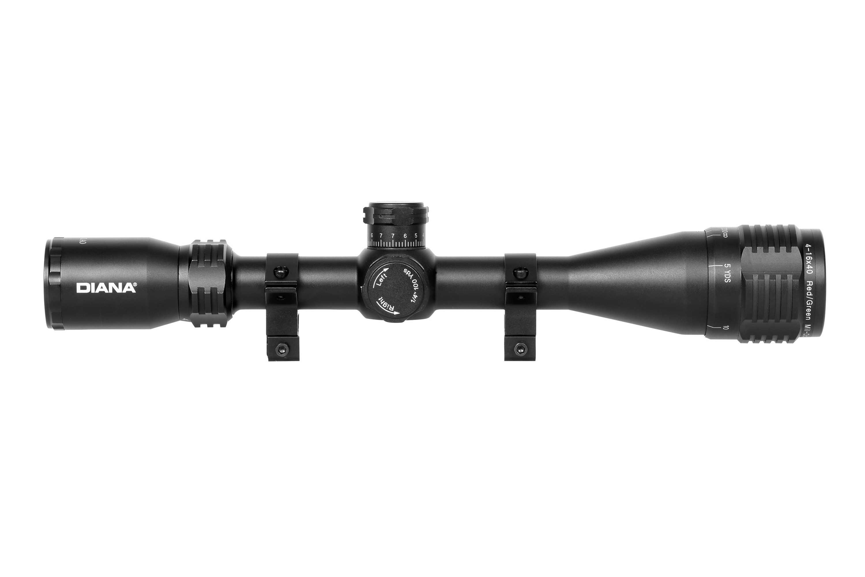Diana 4-16x40 Zielfernrohr in Schwarz mit verstellbaren Türmen, Montageringen und rot/grün beleuchteter Absehenoptik.